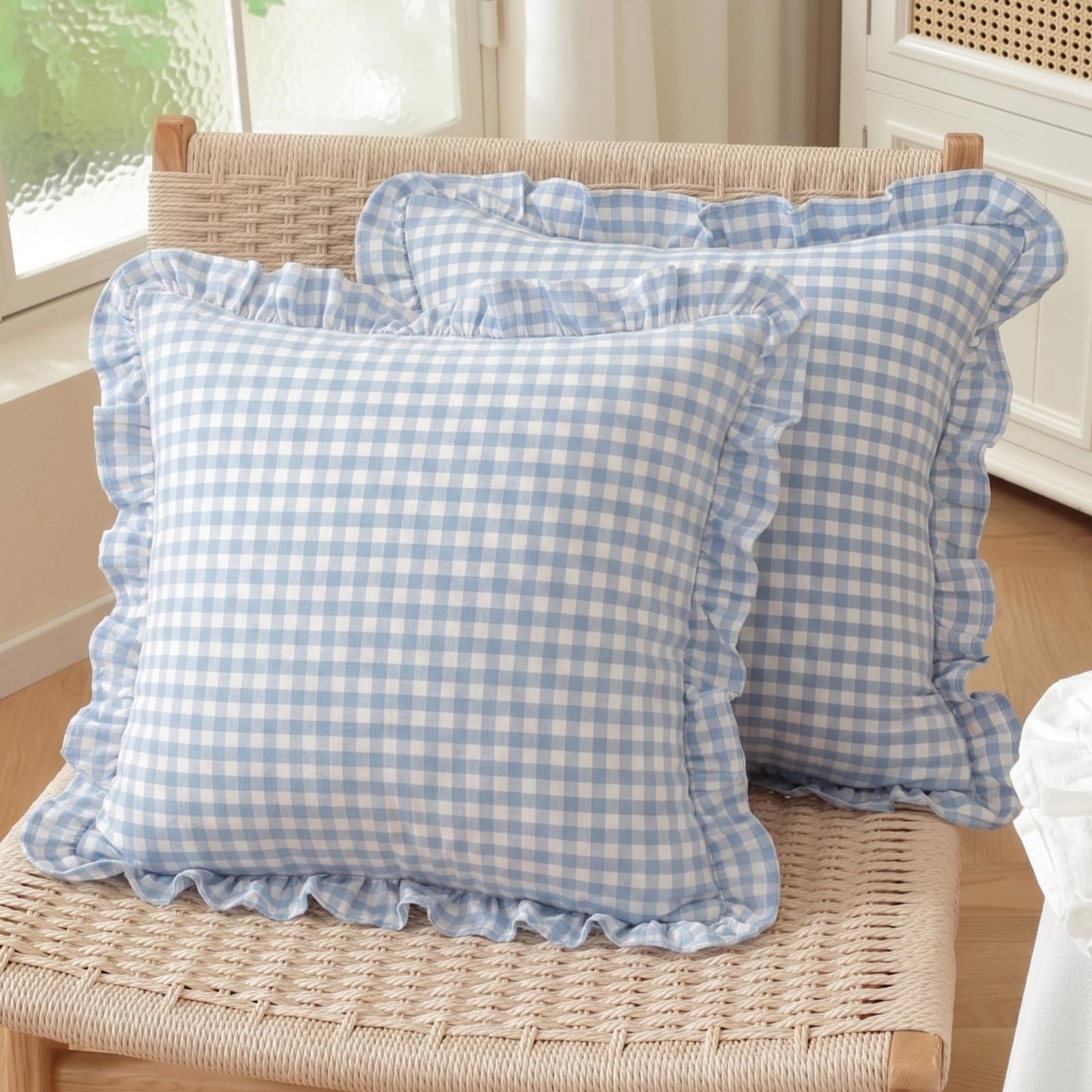 HOSTECCO Pack of 2 Light Blue and White Ruffle Cushion Covers 45x45 cm, Cotton Gingham Checked Decorative Cushion Cases, French Country Style Home Decor — image 1