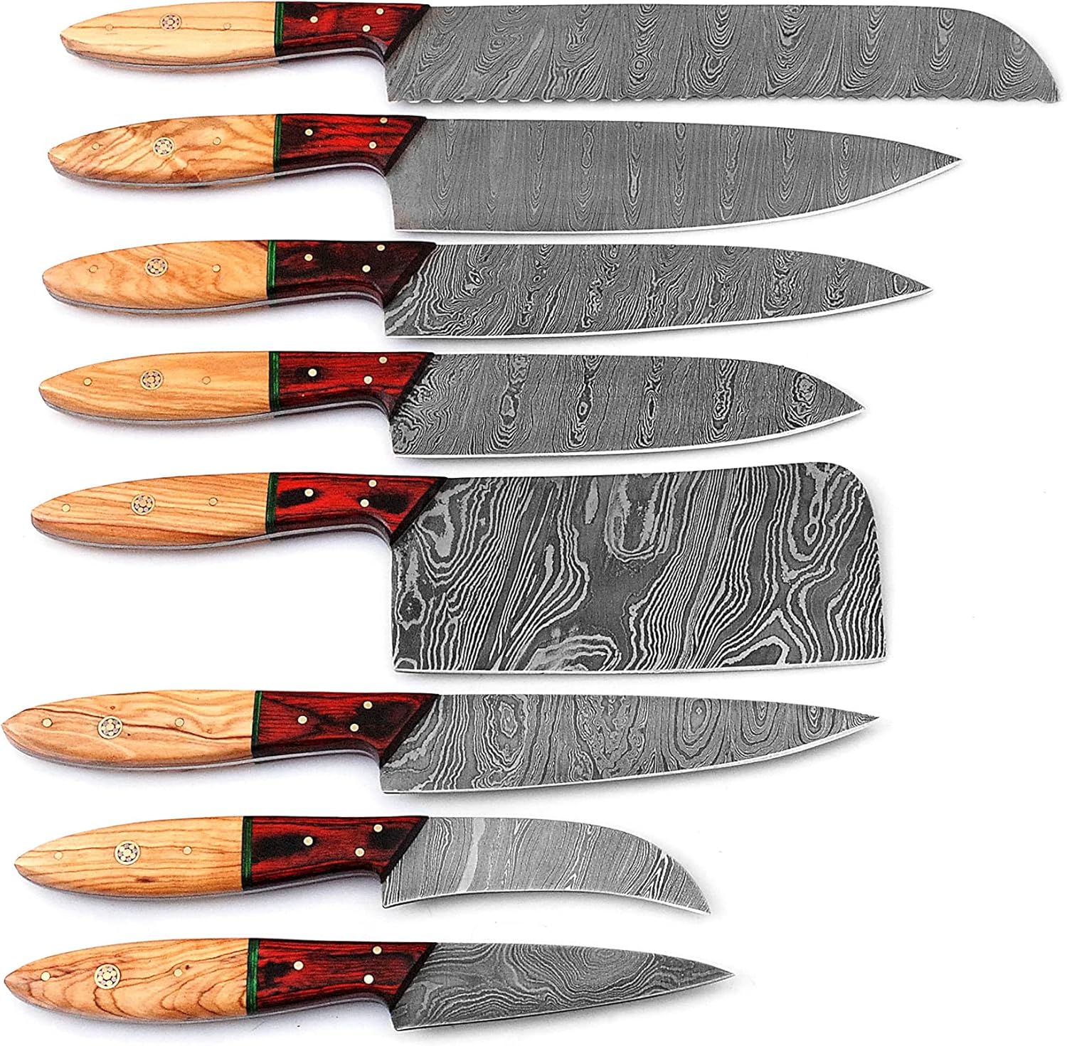 Handmade Professional Kitchen Damascus Knife Set, 8pcs Best Damascus Steel Chef Kitchen Knif set With Storage Roll Case Bag, High Carbon Japanese style BBQ Butcher Knives Set