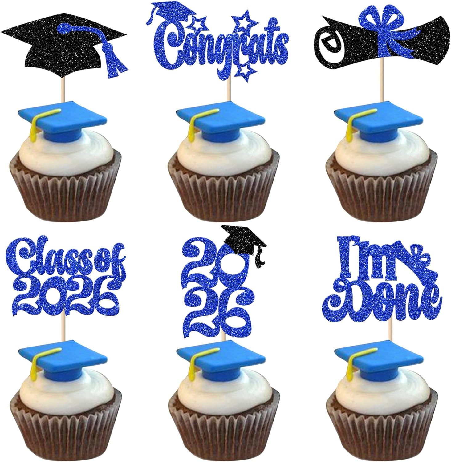 24 Pack 2026 Graduation Cupcake Toppers Glitter I Am Done Diploma Congrats Grad Cap Cupcake Picks Class Of 2026 Cake Decorations for 2026 Graduation Theme Party Decorations Supplies Blue