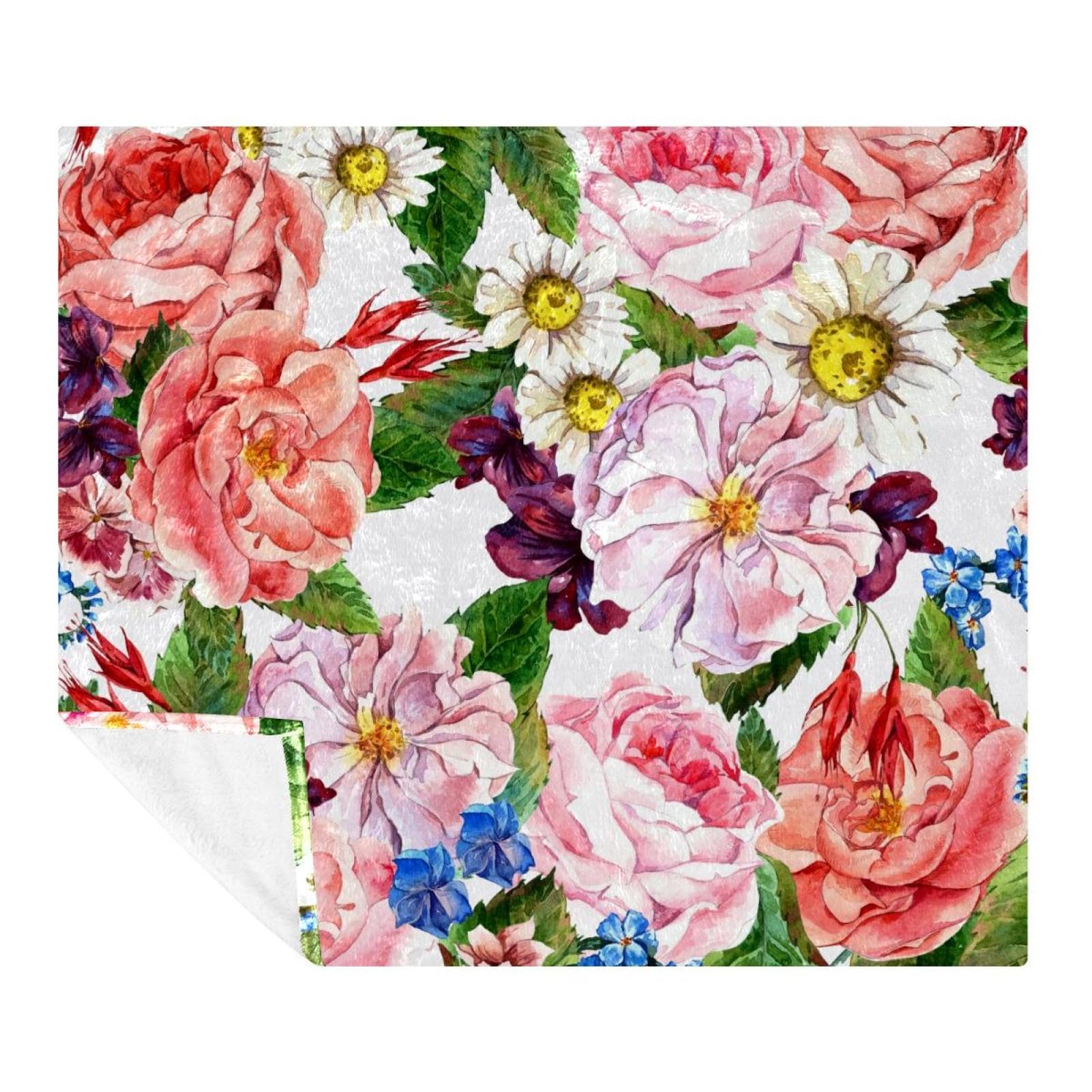 Couverture microfibre haut de gamme imprimé fleurs bleues et roses finition molleton