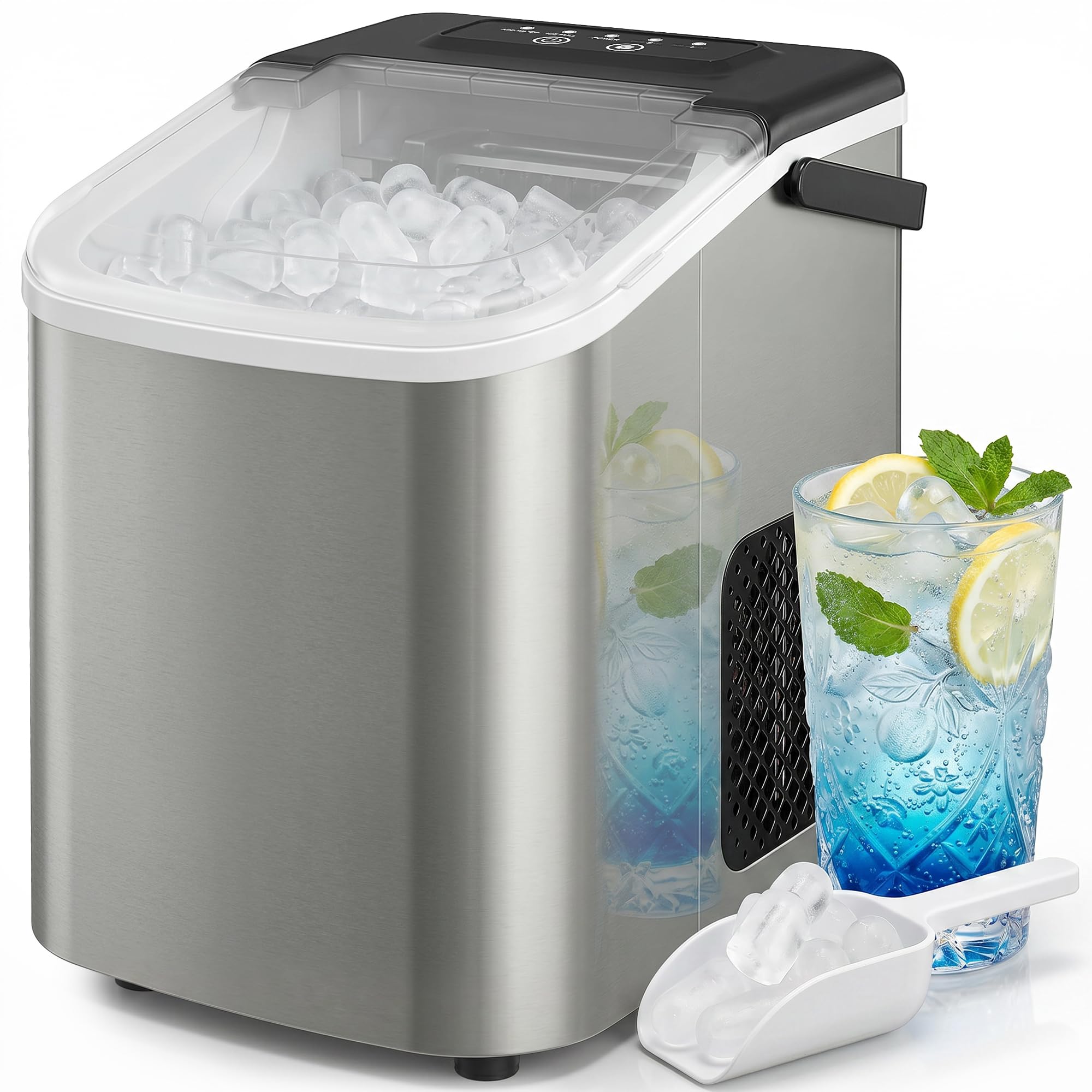 HOMCOM Machine à glaçons, 12kg en 24h, 9 glaçons en 7 minutes, ice maker portable avec fonction autonettoyante, panier et pelle, machine à glaçons pour maison, cuisine, bureau, bar, argent