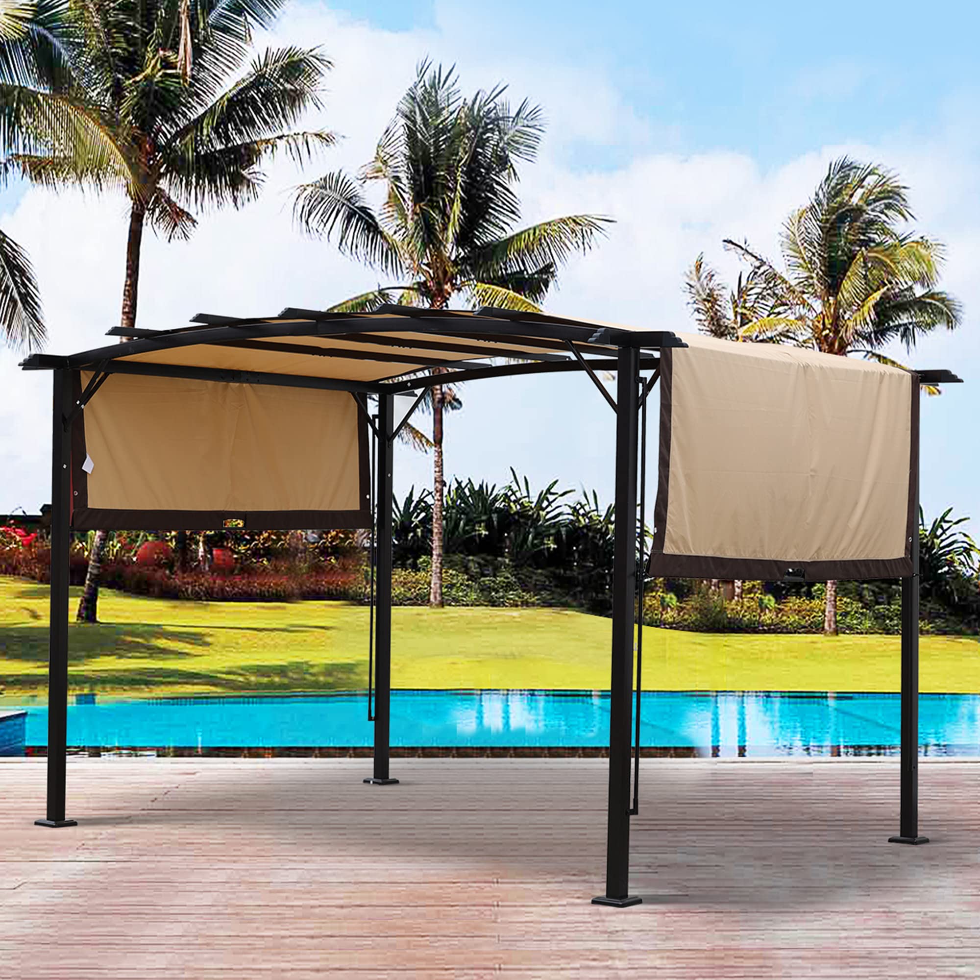 Tetto di ricambio per pergola curva, 3,6 x 2,7 m, impermeabile e resistente ai raggi UV, tenda da sole con tende laterali per terrazza e balcone, beige