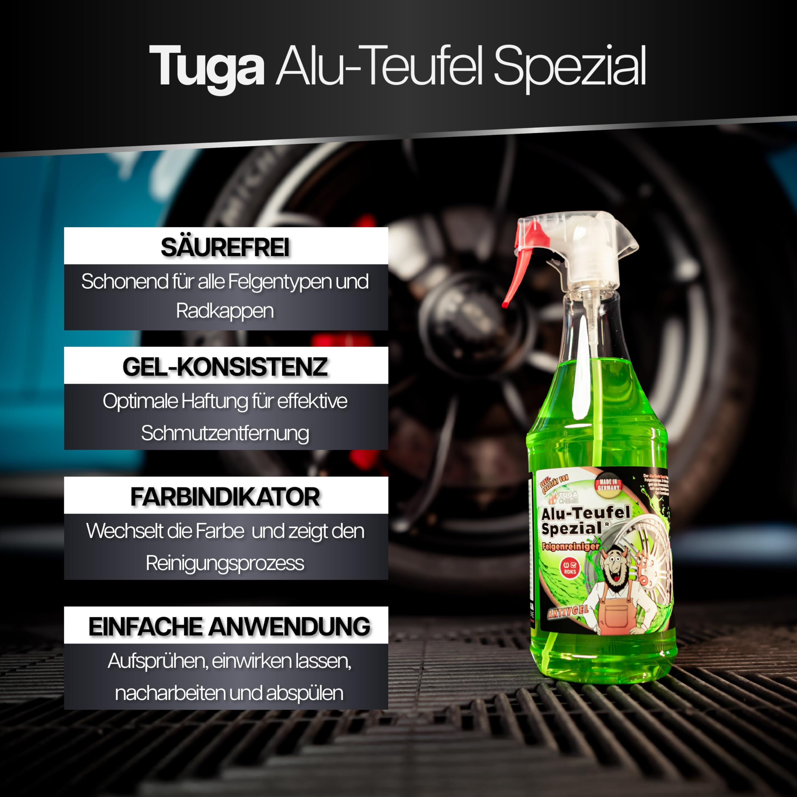 Autopflege Felgen Reinigungsset | Tuga Alu Teufel Spezial Felgenreiniger Gel 1l + Felgenbürste | Alufelgen Reiniger Set mit Bürste zur effizienten Auto Felgenpflege