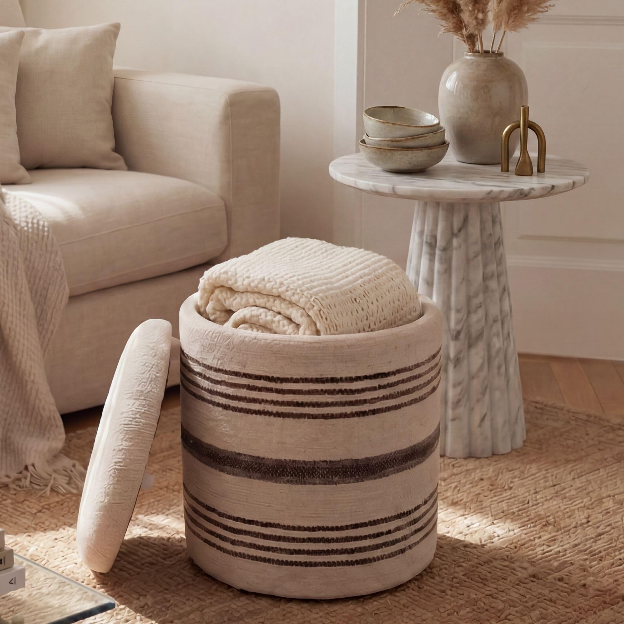 WOHNLING Pufa ze Schowkiem Ø 40 cm Wełna Beżowa, Pufa Okrągła