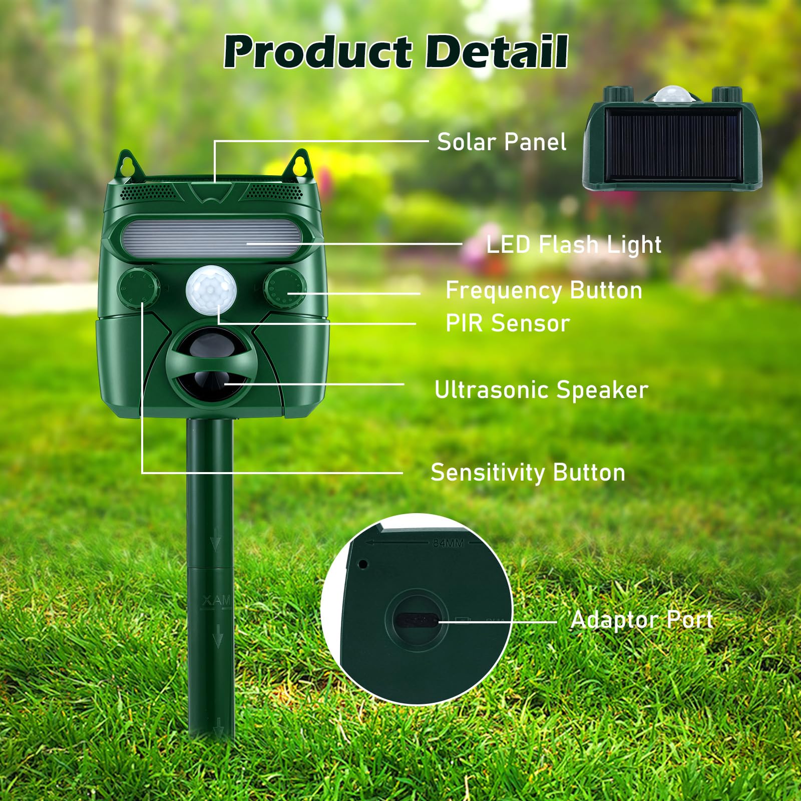 Ahuyentador Gatos, Exterior Solar Ultrasonidos Repelente Gatos con Sensor PIR Flash Estaca de Tierra Ahuyentador Palomas IP45 Impermeable con 5 Modos para Jardín Palomas Ratón Perro