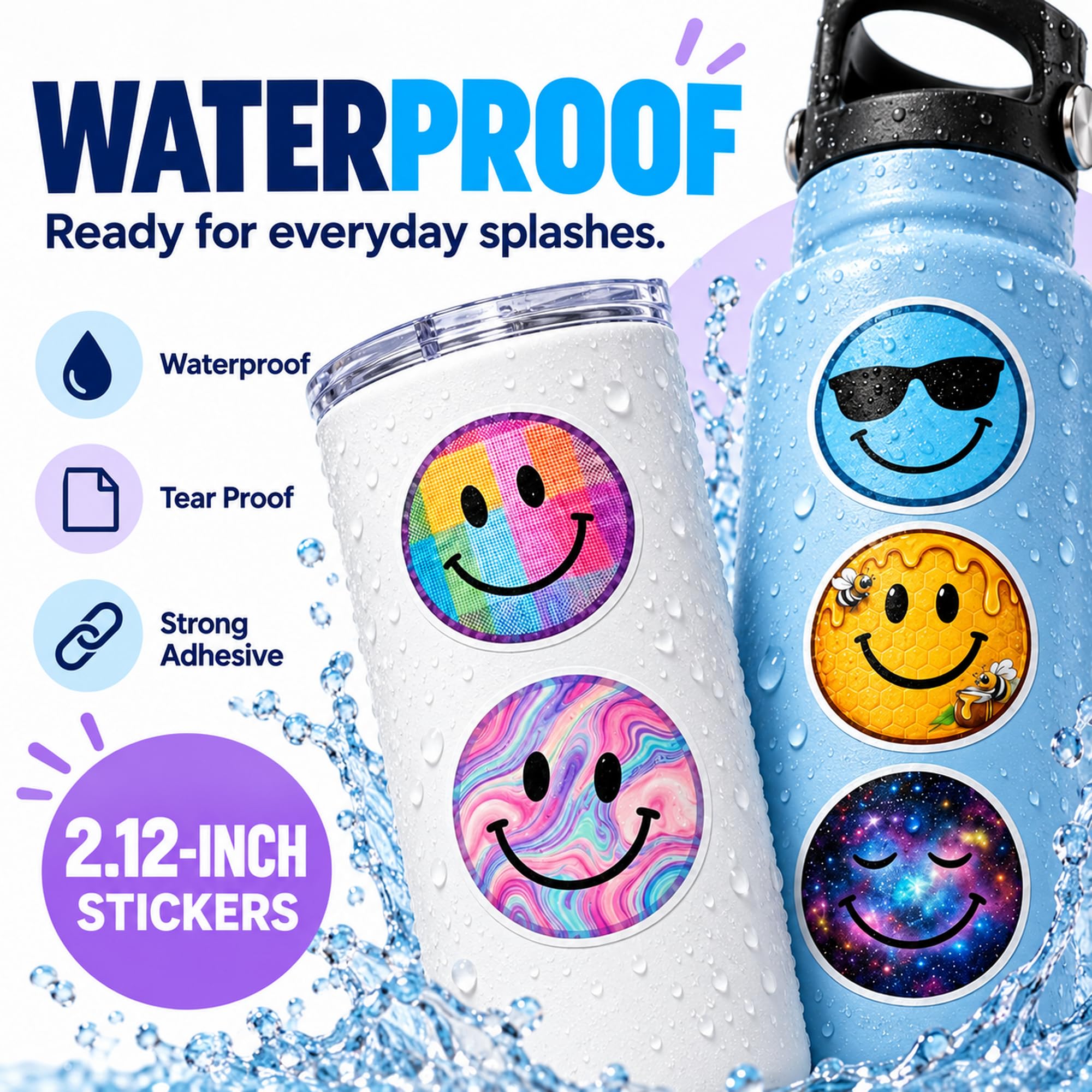 Lot de 50 autocollants en forme de visage souriant pour enfants, 5,3 cm, imperméables et mignons pour ordinateurs portables, récompenses de classe, cadeaux de fête, fournitures pour enseignants