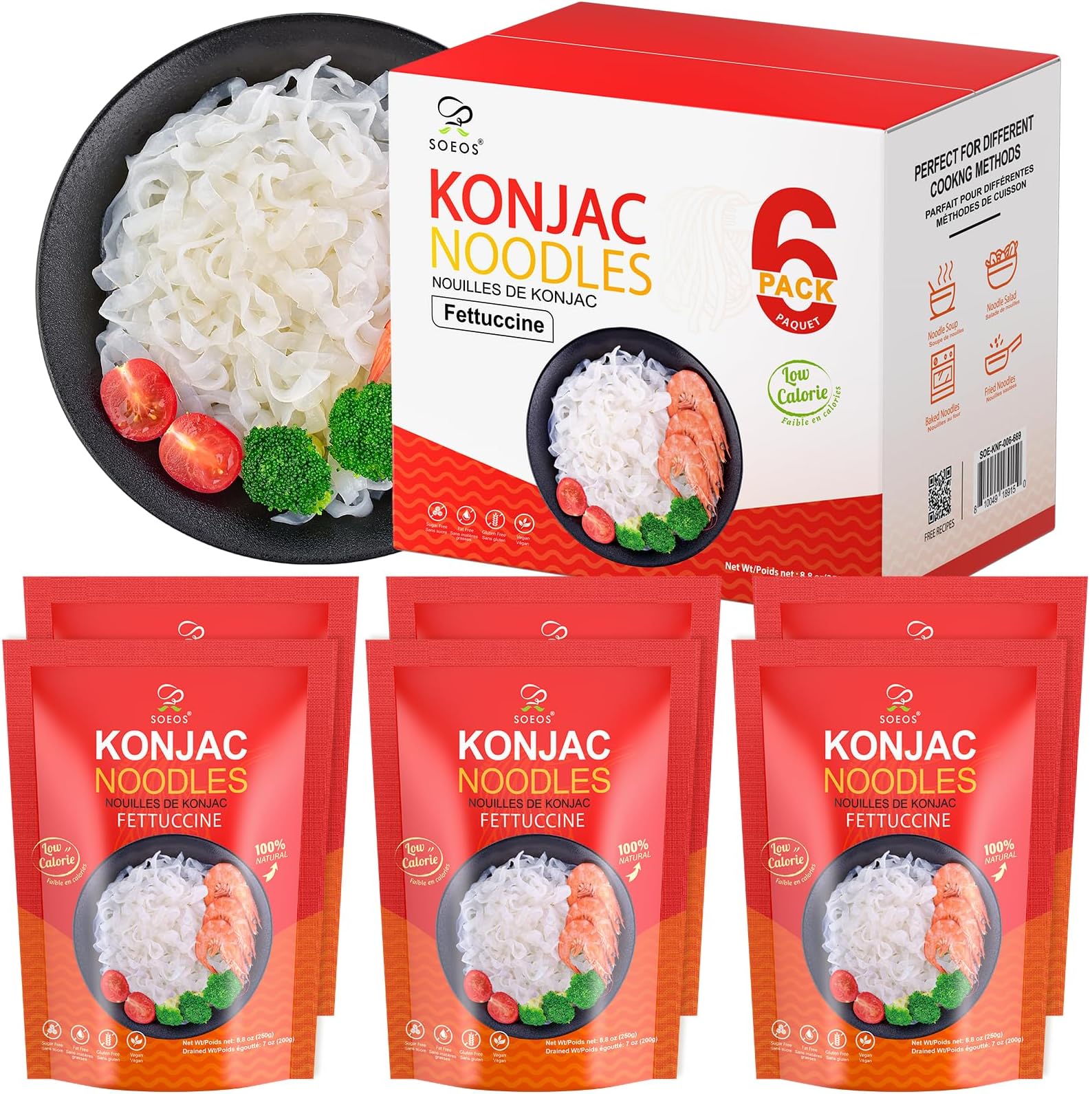 Soeos Konjac Noodles, Fettuccine Pasta, 8.8 oz (250g)*6 Pack, Low Calorie, Low Carb, Keto and Paleo Friendly Shirataki Noodle, Gluten-Free, Fat Free, Sugar Free, Vegan