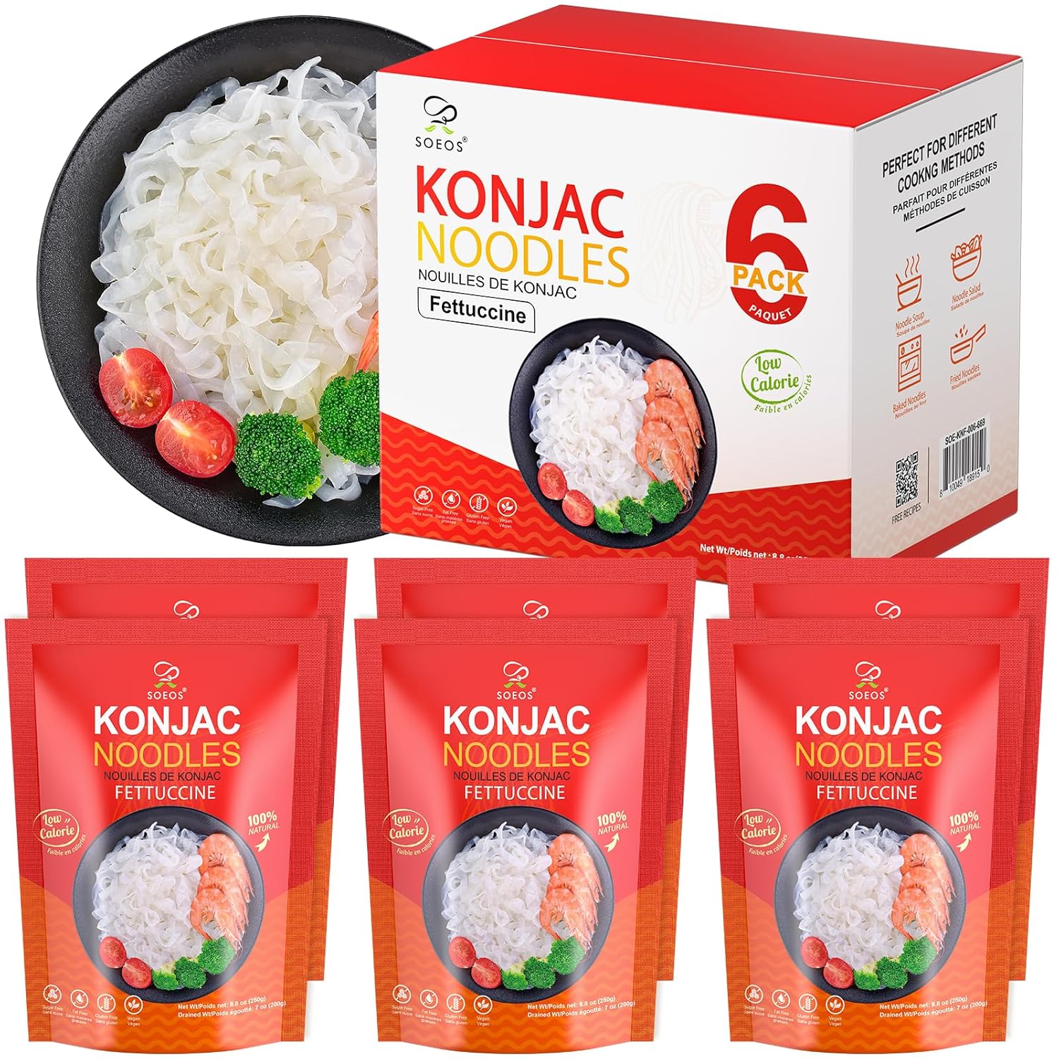 Soeos Konjac Noodles, Fettuccine Pasta, 8.8 oz (250g)*6 Pack