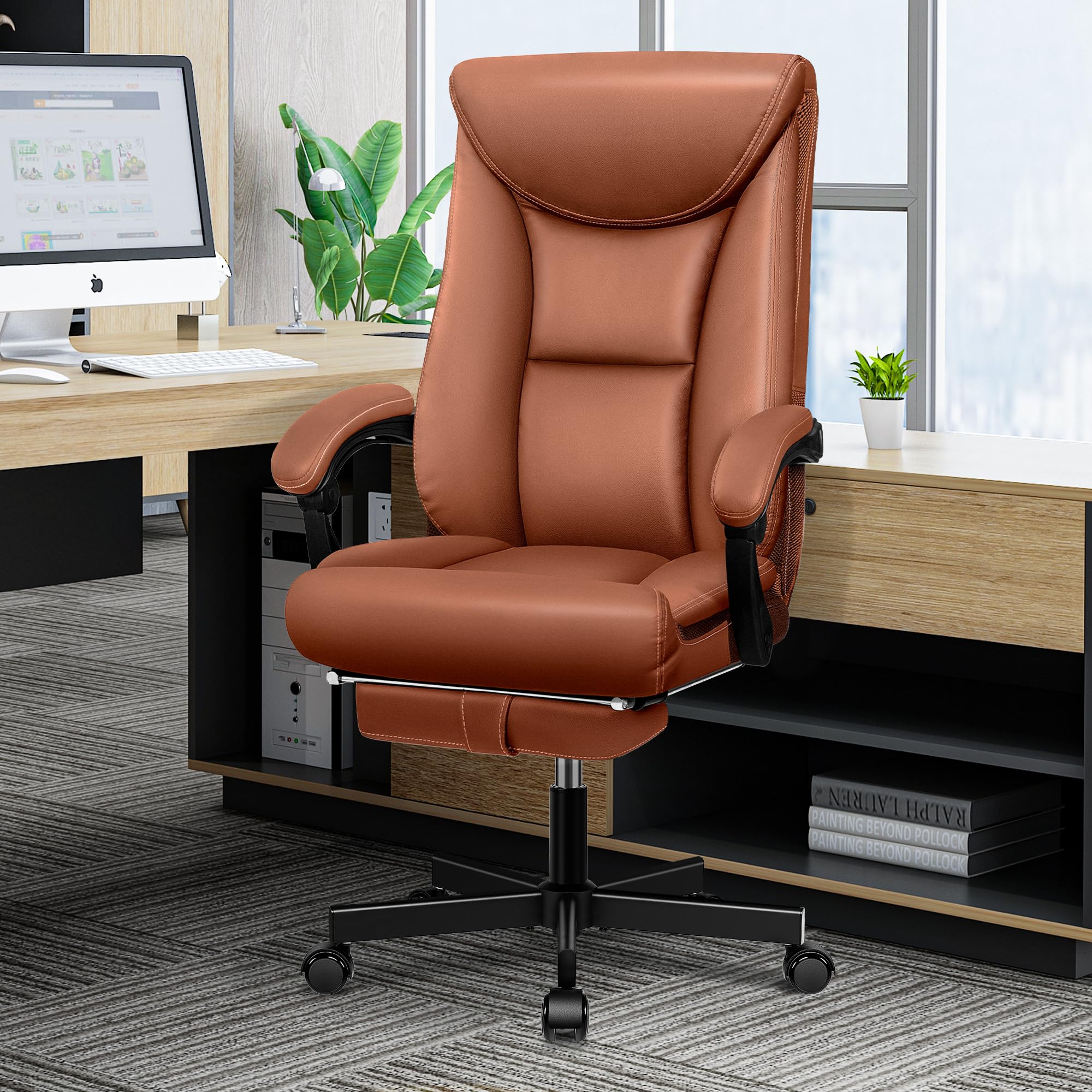 Chefsessel Breiter Bürostuhl ergonomischer Schreibtischstuhl hohe Rückenlehne 150KG mit Fußstütze Office Chair aus PU-Leder, Braun