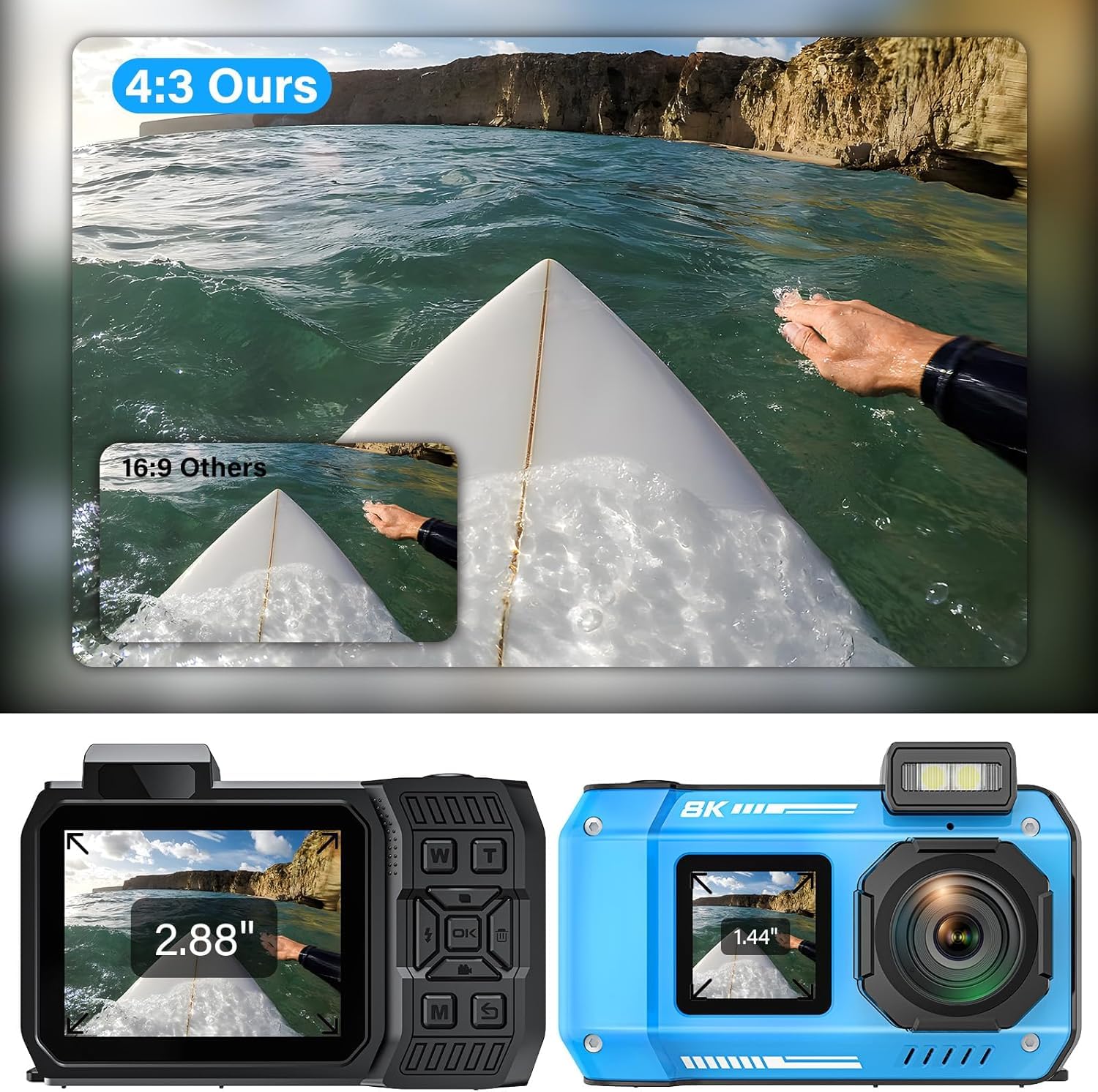Digitalkamera, YISENCE 8K UHD Robust Wasserdicht Staubdicht Stoßfest Digitalkamera mit 64GB Karte 70MP Autofocus Selfie mit Zwei Bildschirmen 33FT WiFi Unterwasserkamera für Schnorcheln