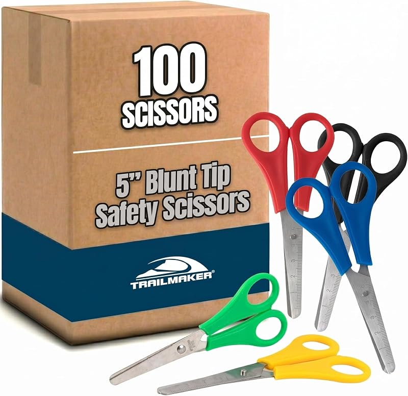 Trail maker (100 Pack) Kids Safety Scissors, 5-Inch Blunt Tip, Assorted Color Classroom Scissors for School Supplies, Arts, Crafts, Students & Teachers