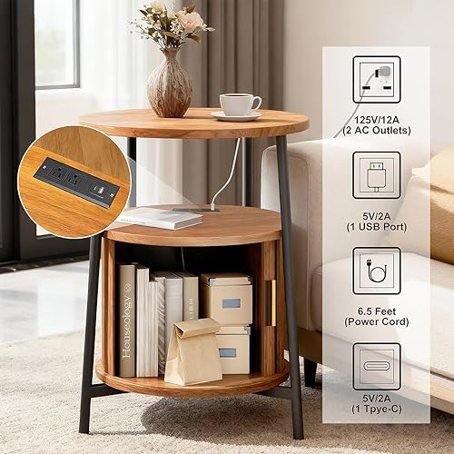 Miniatura 4 de Juego de 2 mesas auxiliares y estación de carga, mesa auxiliar estriada con puerta corredera, juego de 2 mesitas de noche modernas de mediados de