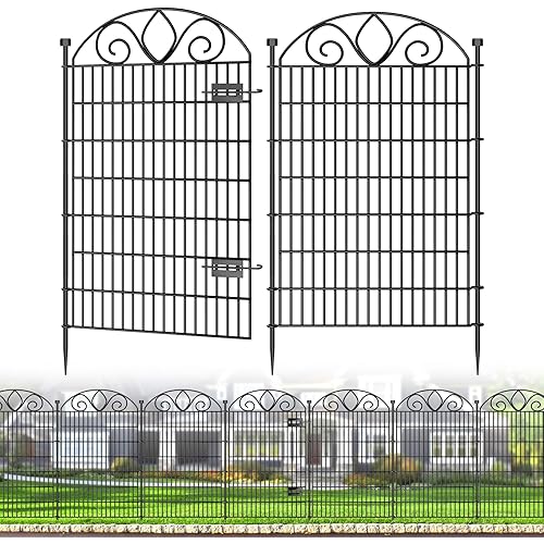 10 Panels No Dig Tall Garden Fence with Gate – 48" H X 26.25' L Rustproof Metal Dog Fence Outdoor for Yard, Decorative Animal Barrier Fence for Pet, Garden Border, Patio, Flower | Temporary Fencing