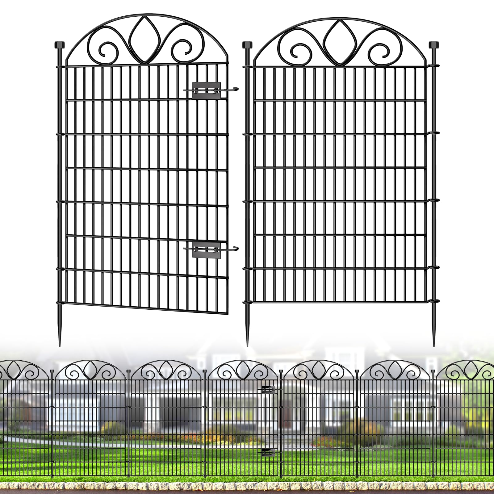 10 panels no dig tall garden fence with gate - 48" h x 26.25' l rustproof metal dog fence outdoor for yard, decorative animal barrier fence for pet, garden border, patio, flower | temporary fencing