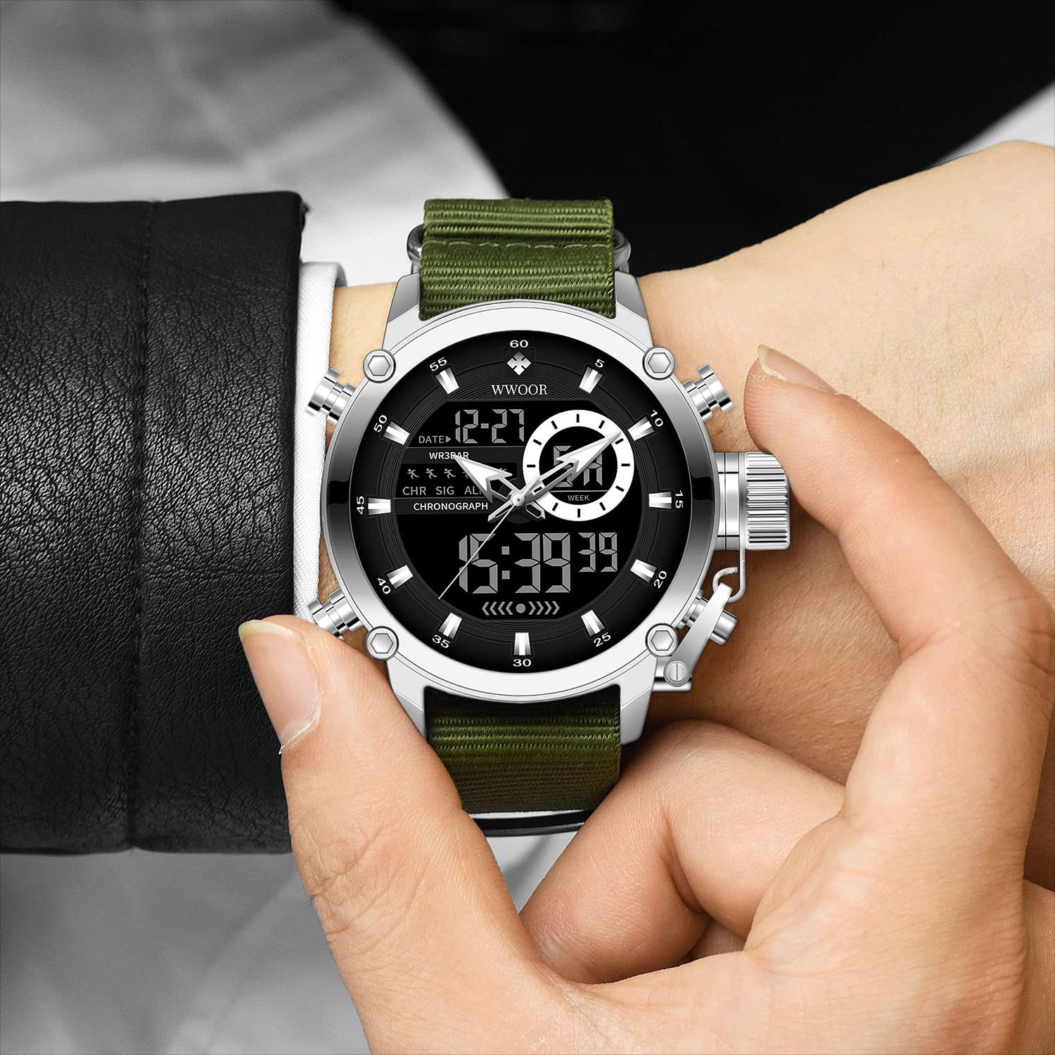 WWOOR Reloj deportivo para hombre,Relojes militares para,reloj electrónico táctico, reloj de pulsera LED, cronómetro, resistente al agua, relojes analógicos digitales