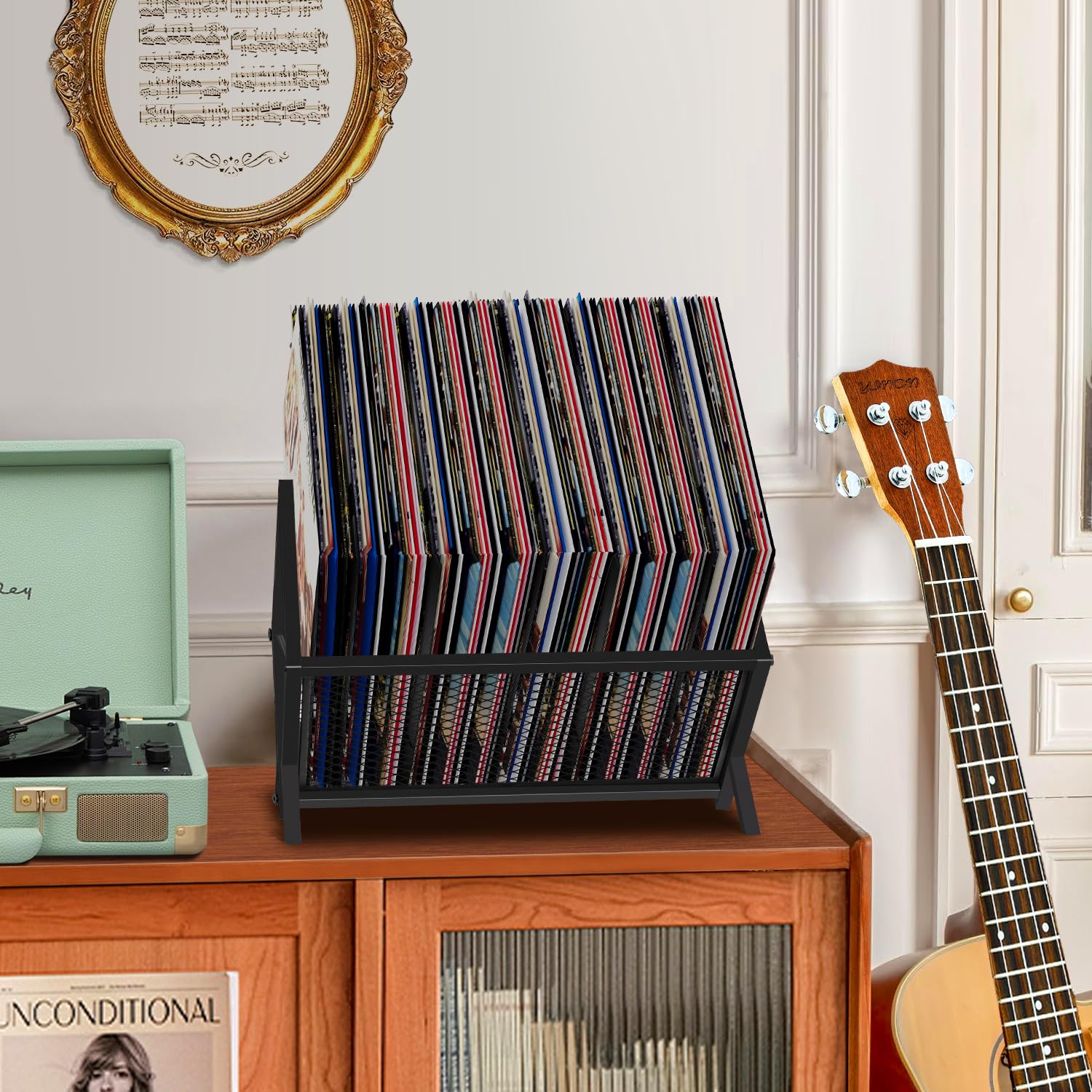 YINMIT Soporte de almacenamiento de discos de vinilo, organizador de vinilo de 80-100 LP, estante de almacenamiento de álbumes, estantes de exhibición de discos de vinilo de metal, soporte de álbum de