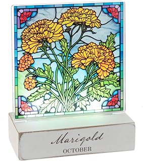 GANZ Watercolor Stained Glass Look October Marigold Flower Yellow Green Red 4 x 4.75 Acrylic LED Decorative Tabletop Home Décor Sign Plaque