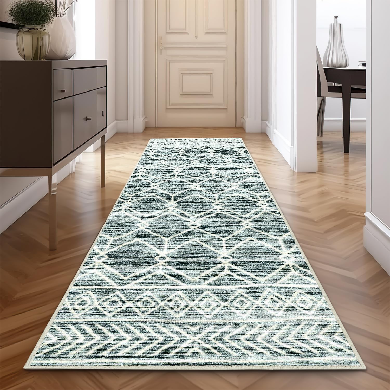 jinchan Moroccan Runner Rug 2x8 - Kitchen Machine Washable Runner Rug Modern Geometric Low-Pile Lightweight Non-Slip Carpet for Entryway Hallway
