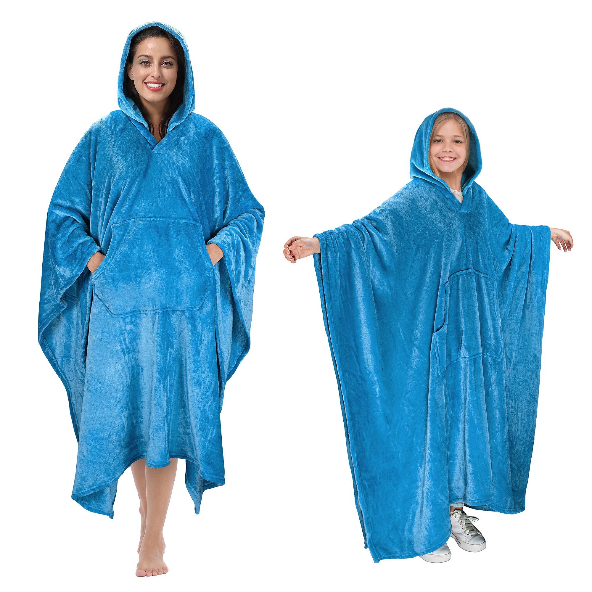 Hooded Poncho Blanket, Fleece Wearable Throw Wrap with Hood and Pocket, Warm Cozy Soft for Adult Women Men Kids, Indoor or Outdoor Aqua