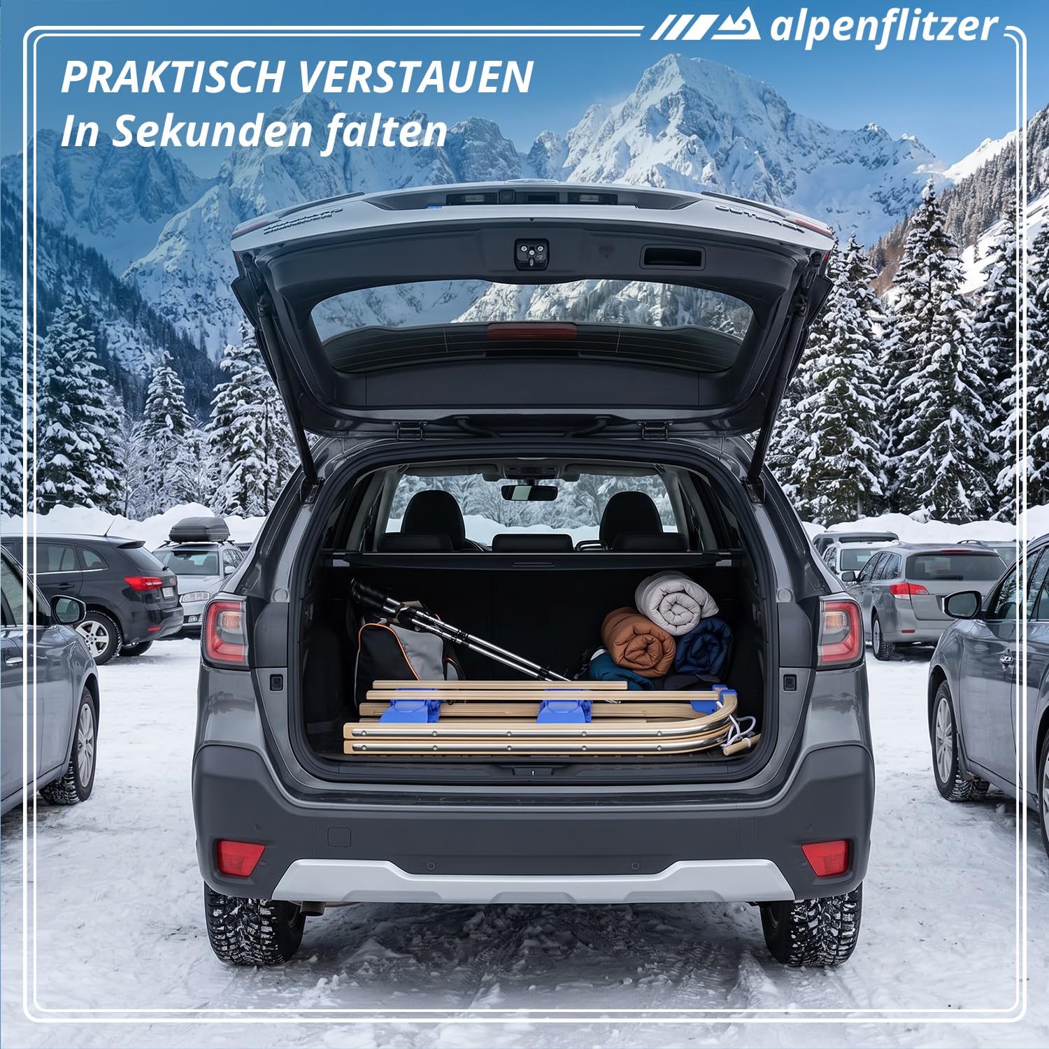 Trineo de Madera Alpenflitzer® con Respaldo 110 cm; Trineo Davos Plegable para niños; Trineo de Madera de Haya de Primera Calidad Trineo Plegable (Modelo 2023)