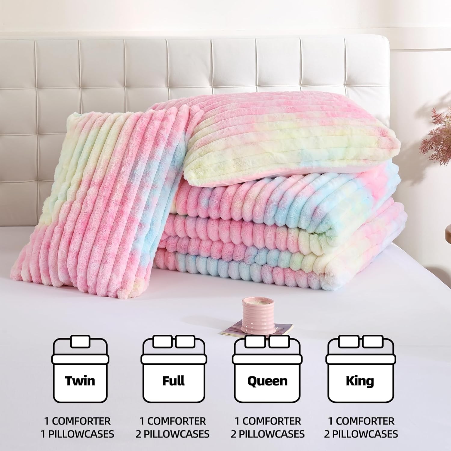 Smoofy Fluffy Queen Size Comforter Set 3 Pieces - Rainbow Fleece Fluffy Comforter Set, Luxury Fuzzy Queen Bedding Set, Soft Warm Queen Bed Set All Season, Heavy Faux Fur Comforter with 2 Pillow Cases - Image 7