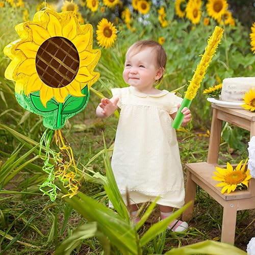 Miniatura 2 de Juego de 4 piezas de piñata de girasol, piñata de flores, decoración de fiesta de cumpleaños con cuerda de tracción, piñata de girasol, barra, venda