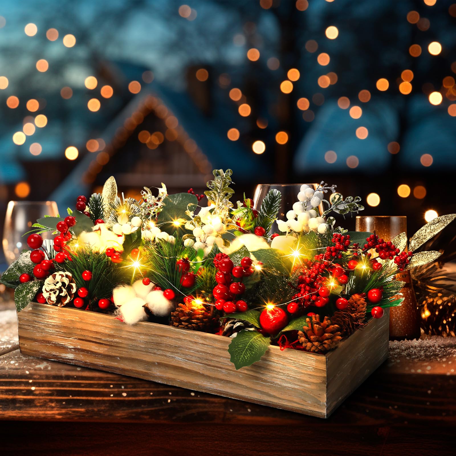 Leinuosen Lot de 30 décorations de table de Noël assorties - Guirlande de baies en rotin - Pomme de pin avec lumière LED - Arrangements floraux pour Noël - Décoration d'intérieur