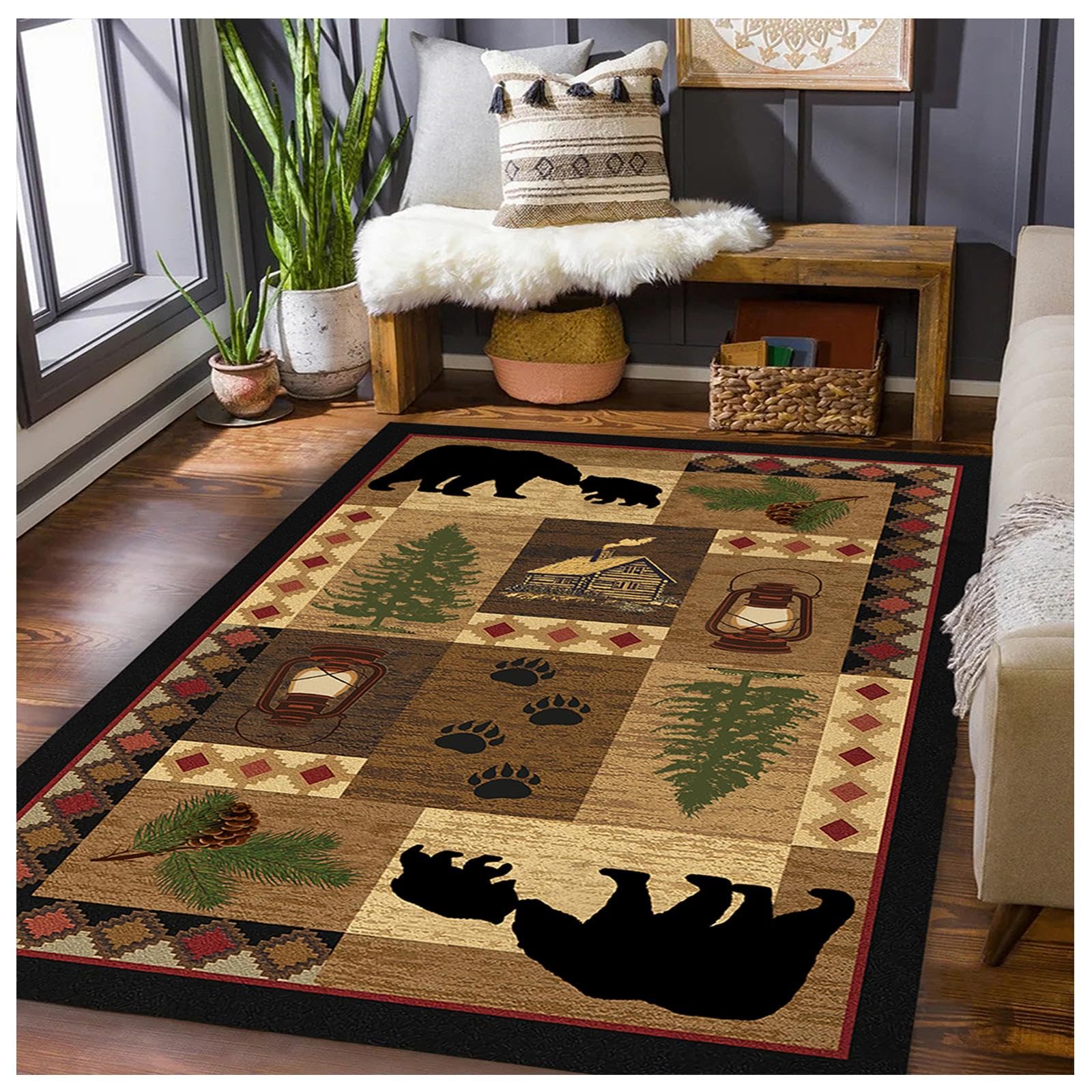 Rustic Cabin Area Rug 4x6 ft, Farmhouse Lodge Decor with Mama Bear and Cubs, Pine Tree, Paw Print and Leaf Pattern, Washable Non-Slip Wildlife Carpet