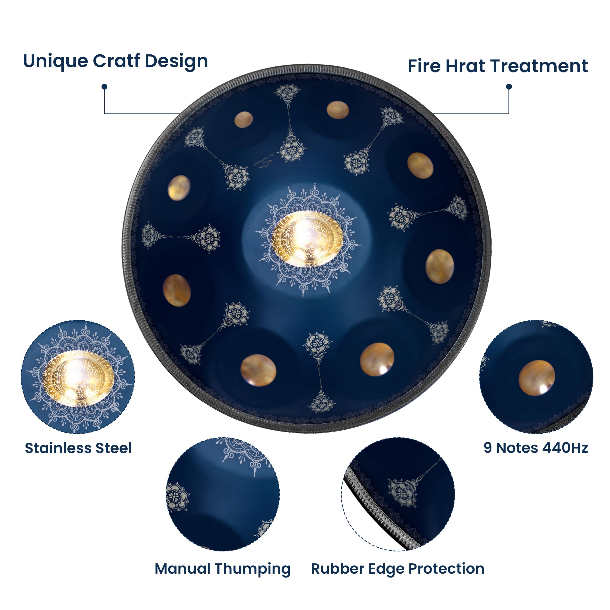 GLADFRESIT Handpan 22-inch, 9 notes, Palace Blue, tuned to 432Hz, comes with a handpan backpack, stand, two mallets, and cleaning cloth.(9-432hz)