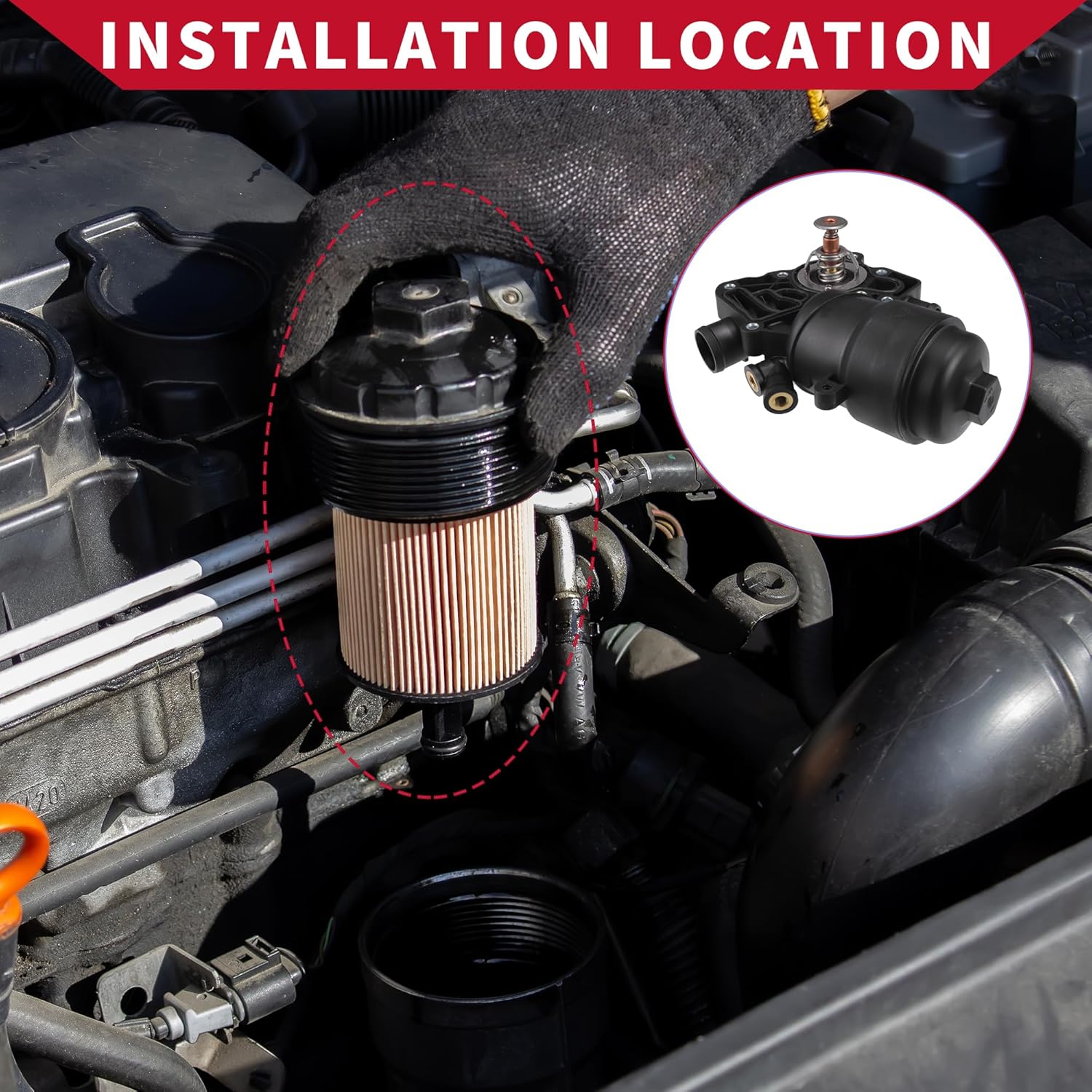 No.059115389K Engine Oil Filter Base Housing Assembly with Thermostat O-ring Seals for Audi A6 2014-2016 / Front Oil Filter Housing Adapter/Durable Plastic / 1 Pcs