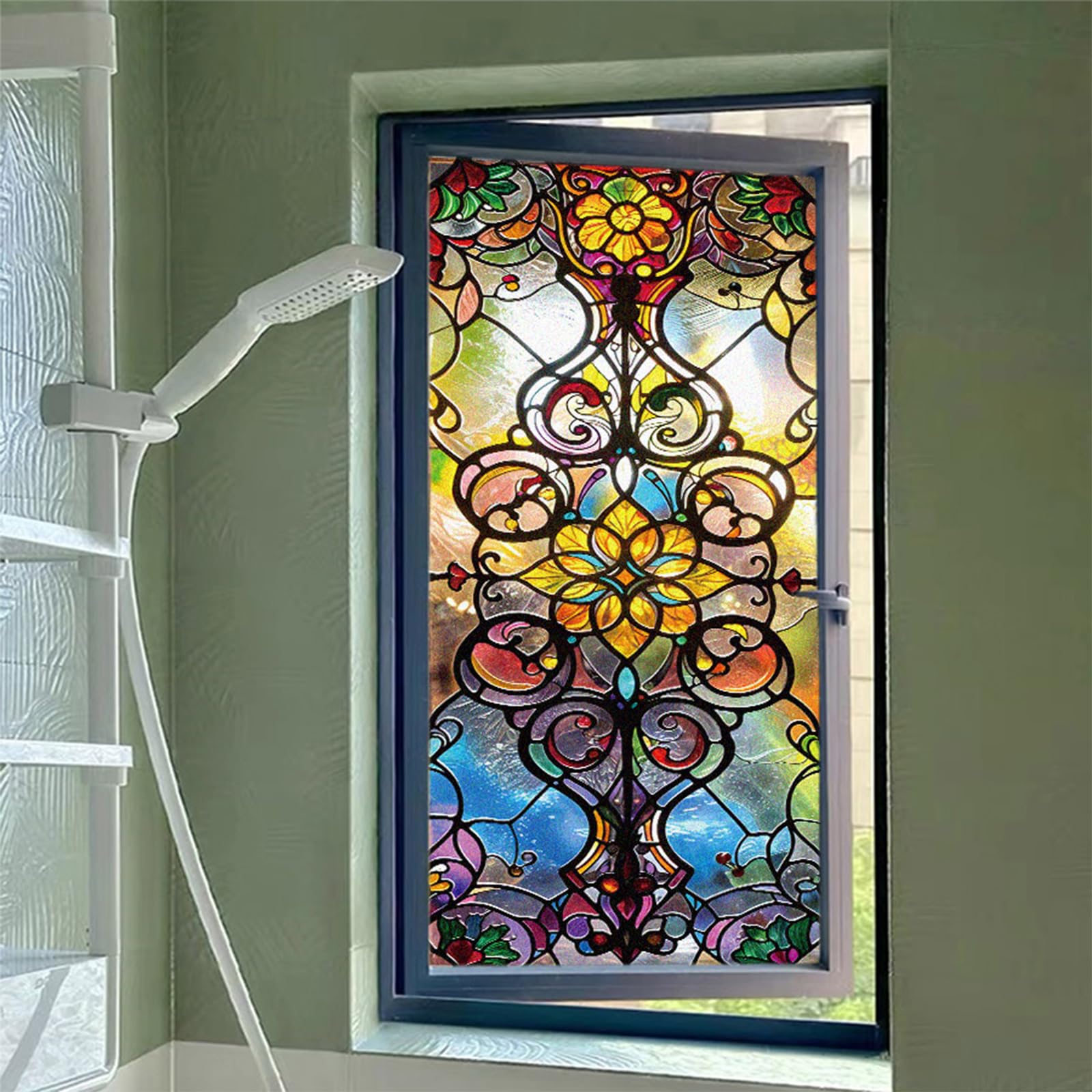 WBQMUNY Stained Glass Window Film,Window Privacy Film Privacy Decorative Tinting Film for Home Frosted Bathroom Window Coverings Static Cling Non-Adhesive 17.5