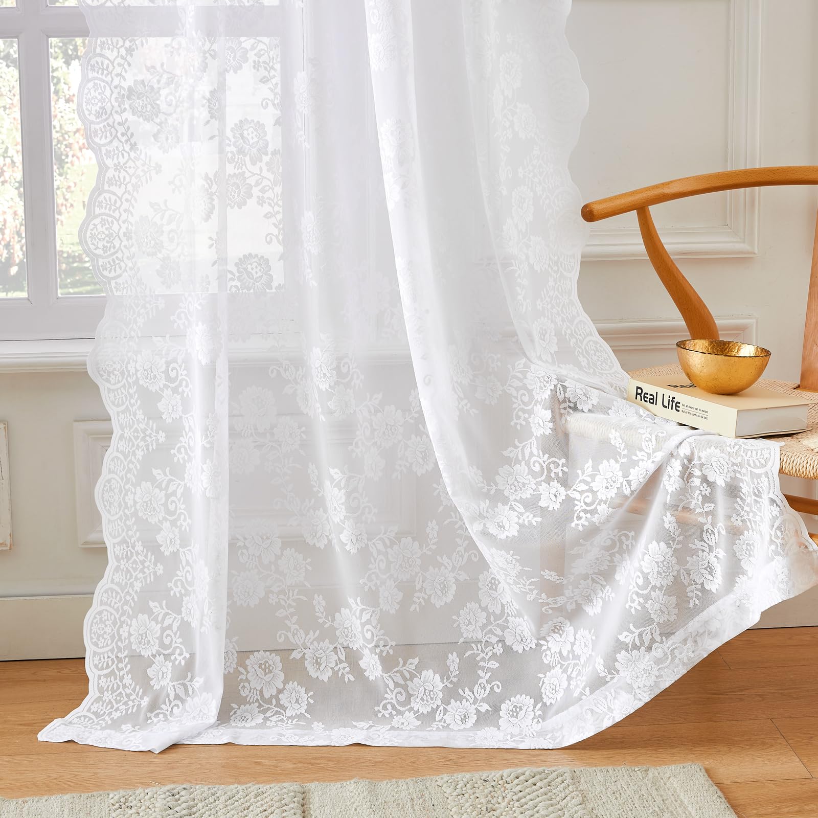 FOLKSIDE White Lace Curtains 72 Inch Length Vintage Victorian Floral Curtains for Living Room Bedroom Rod Pocket Light Filtering French Drapes Lace Fabric Window Privacy Decor, 52x72