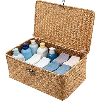 Woven Rattan Storage Basket - Seagrass Basket with Lid Handwoven with Sturdy Wire Frame Laundry Baskets Baskets & Storage Box Bathroom Bedroom Living Room S 23 x 13 x 8 cm
