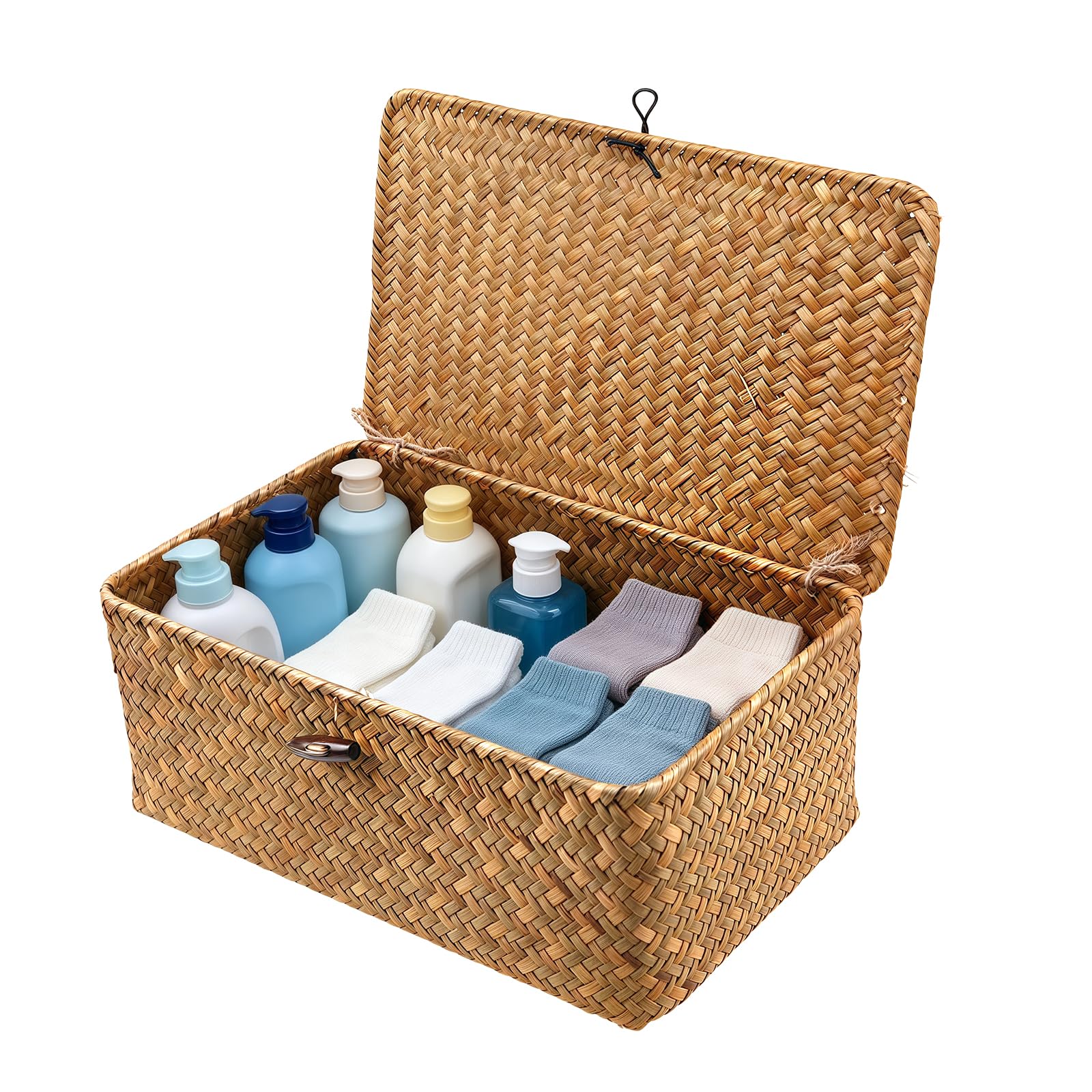 IHONYI Wicker Storage Basket – Seagrass Basket with Lid, Hand-Woven, with Sturdy Wire Frame, Laundry Baskets, Baskets & Storage Box for Bathroom, Shelf, Bedroom, Living Room (S)