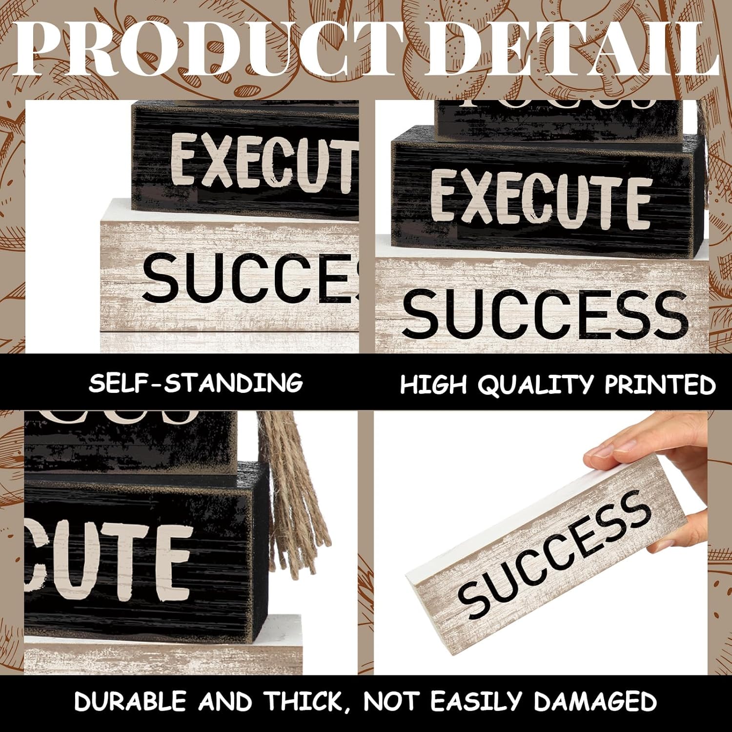 Yuntau 4 Pcs Motivational Wooden Tabletop Decor Inspirational Tiered Tray Decor Rustic Retro Wood Bead Garland Focus Execute Success Block Sign Gift Farmhouse Centerpiece for Home Shelf Mantle