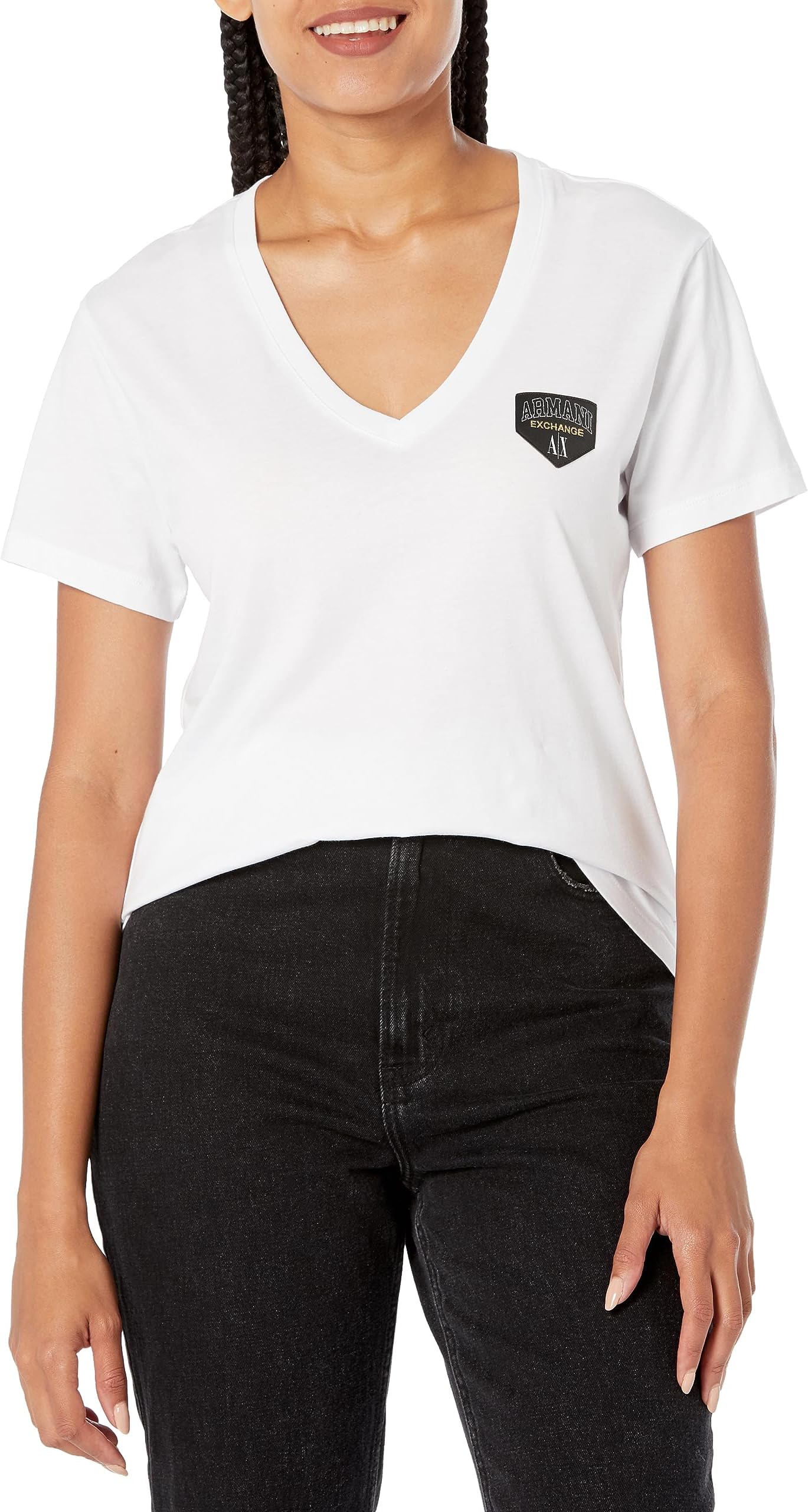 Armani Exchange Women's Collegiate Capsule V Neck Logo Patch Tee