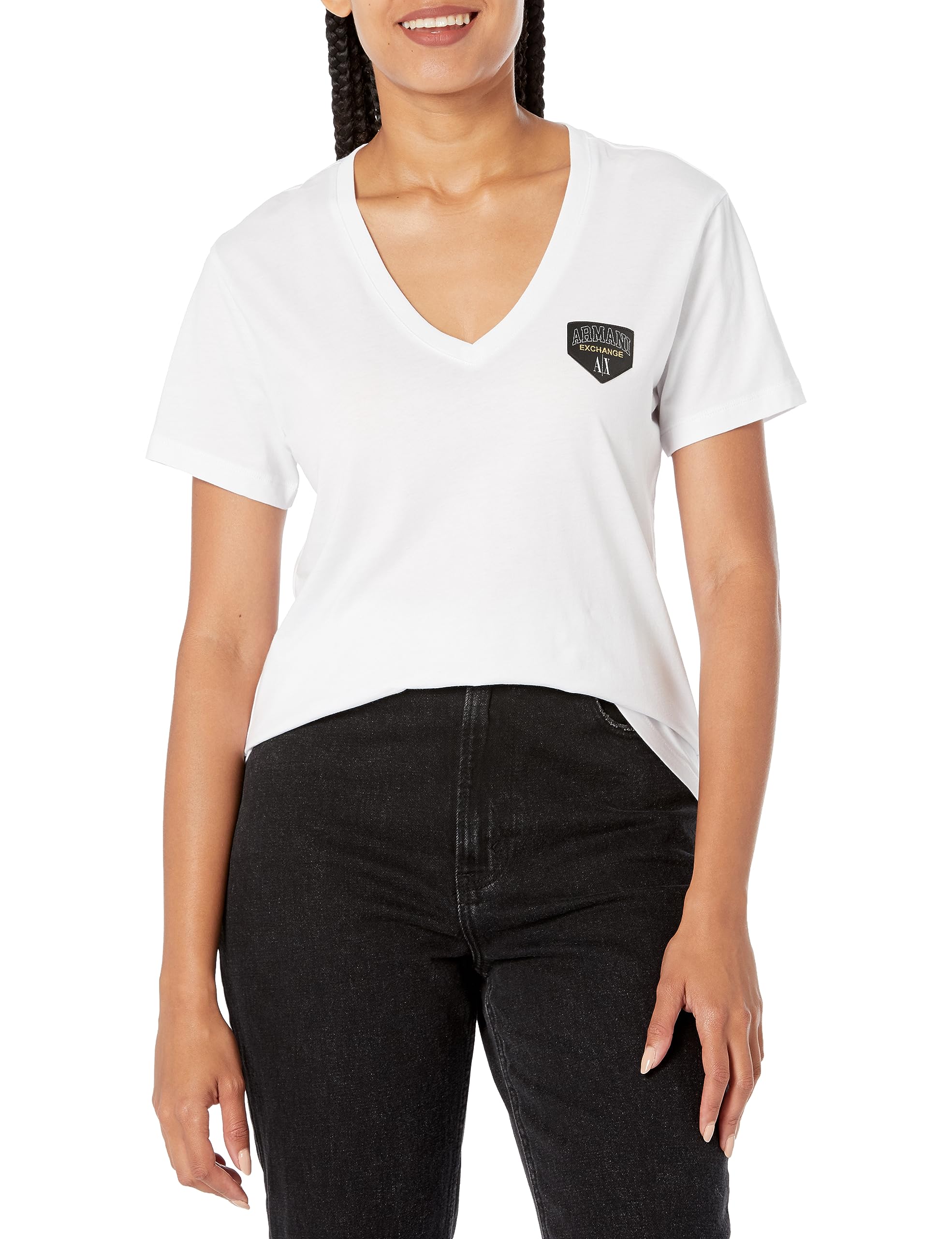 Armani Exchange Womens Collegiate Capsule V Neck Logo Patch Tee