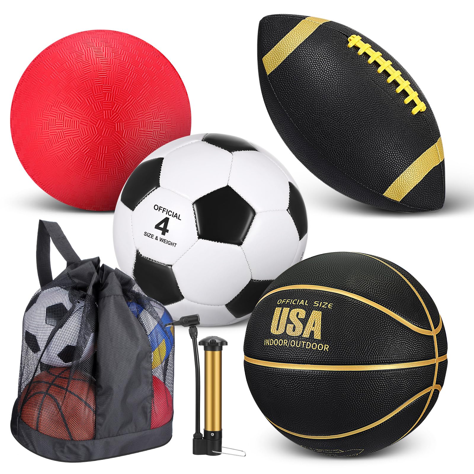 Deekin 4 Pcs Sport Balls Set for Kids Teens, Include Official Size Basketball Soccer Football Playground Ball and Pump Sports Equipment Bag Sports