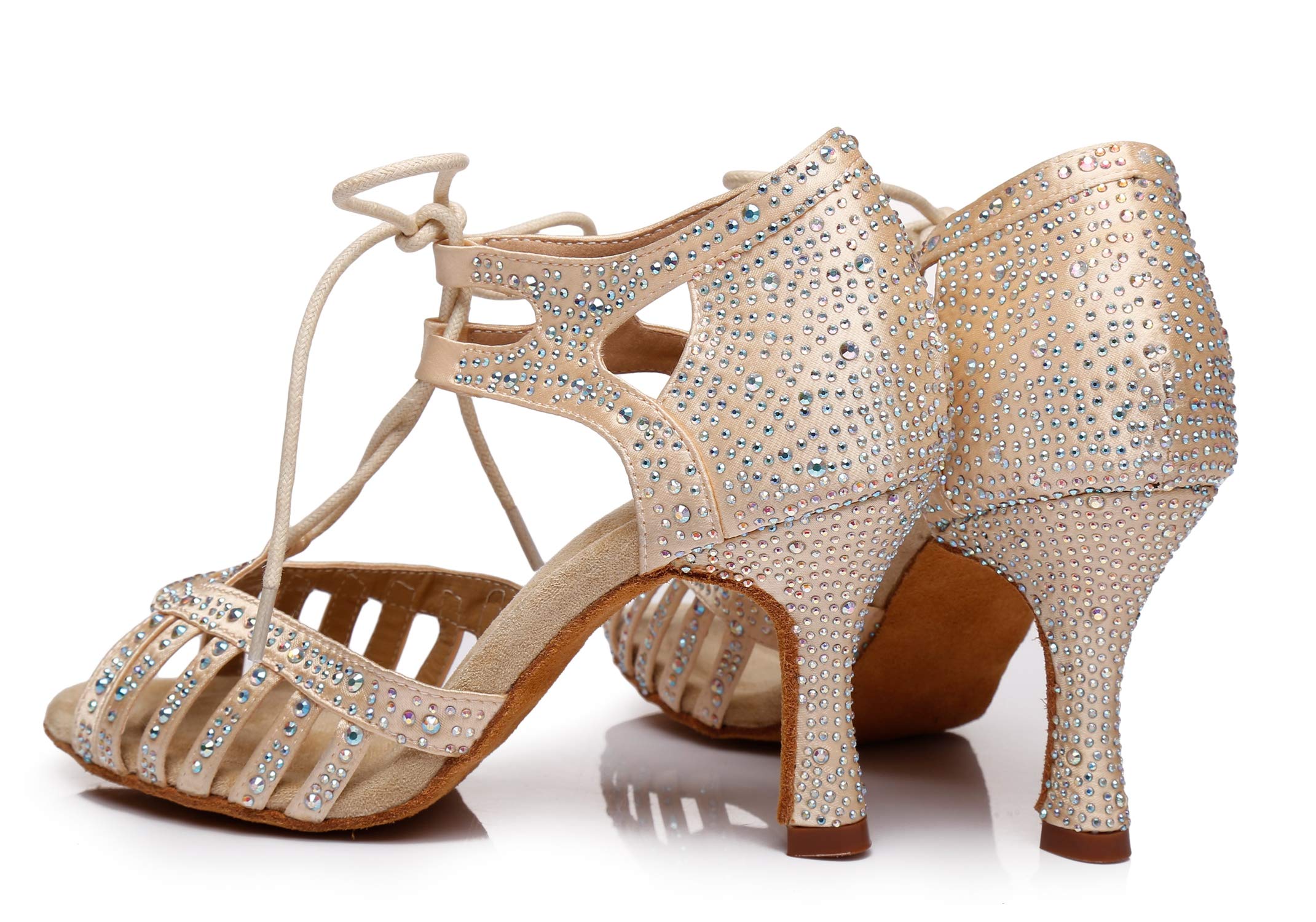 Damskie Latin Salsa Sznurowane Kryształy Satynowe Buty Do Tańca Sandały Ślubne L387, Nude 3 35 obcas, 40.5 EU