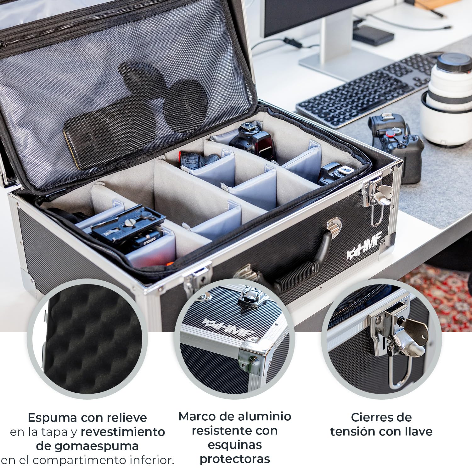 HMF Maletín fotográfico con Espuma 48x32x22.5 cm Negro para Cámara DSLR Réflex y Sin Espejo