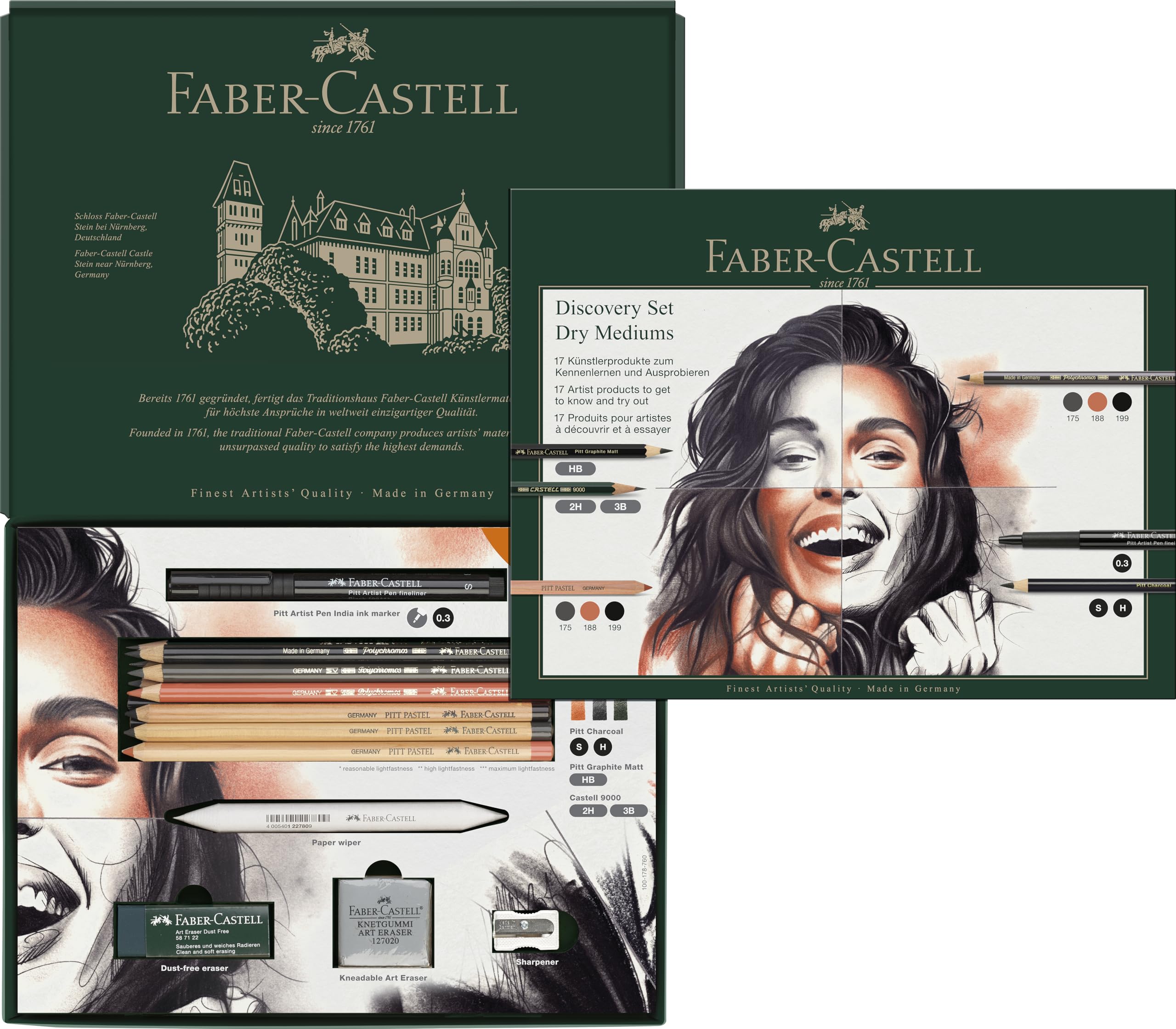 Faber-Castell Discovery Set Dry Art, 17 Piece Set, Gift, Artist Supplies, Coloured Pencils, Pastel Pencils, Charcoal, Graphite, Fineliner Pen, Erasers, Complete Artist Set For Home, School, Art Studio