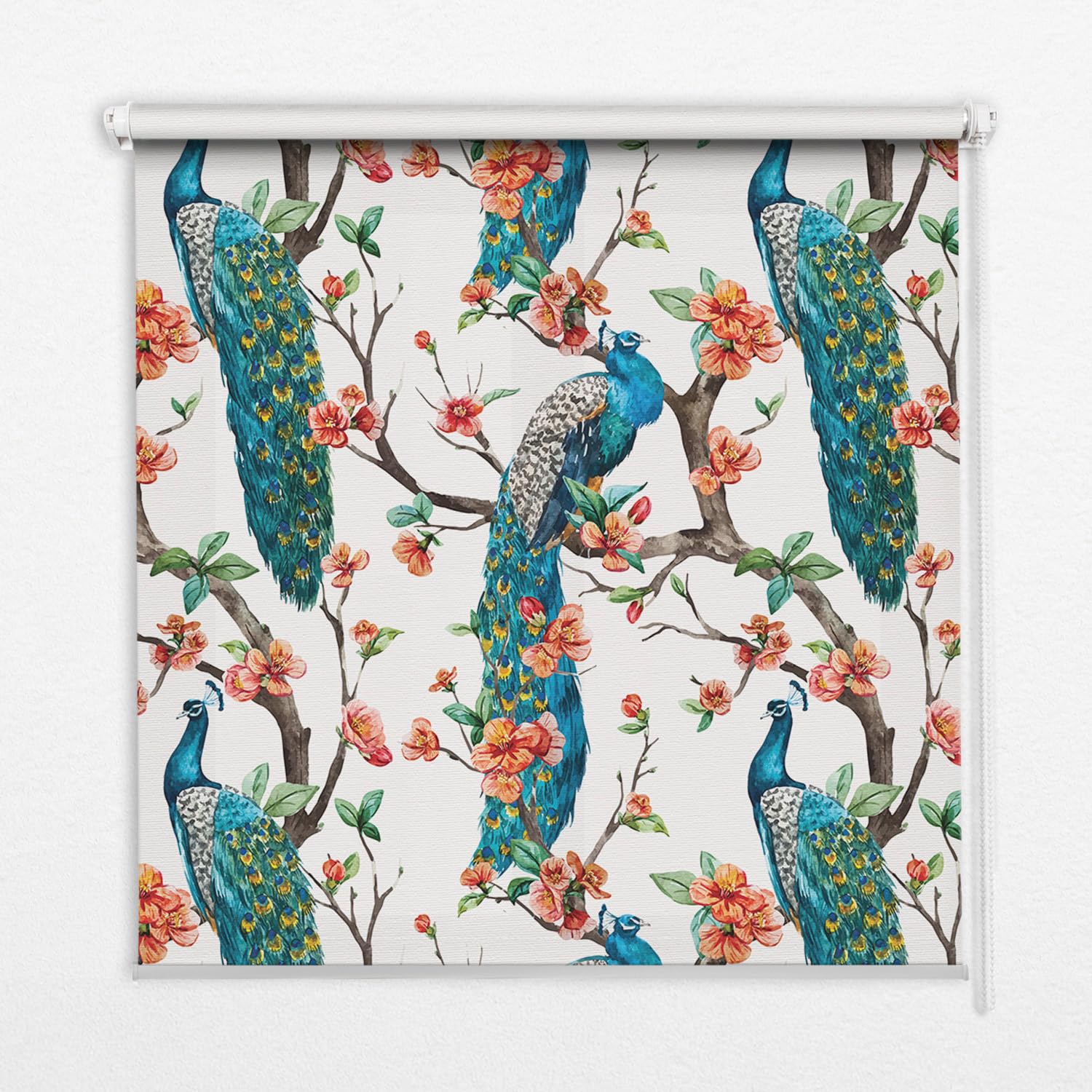 Store enrouleur sans perçage avec toile perméable motif paon 50x50cm