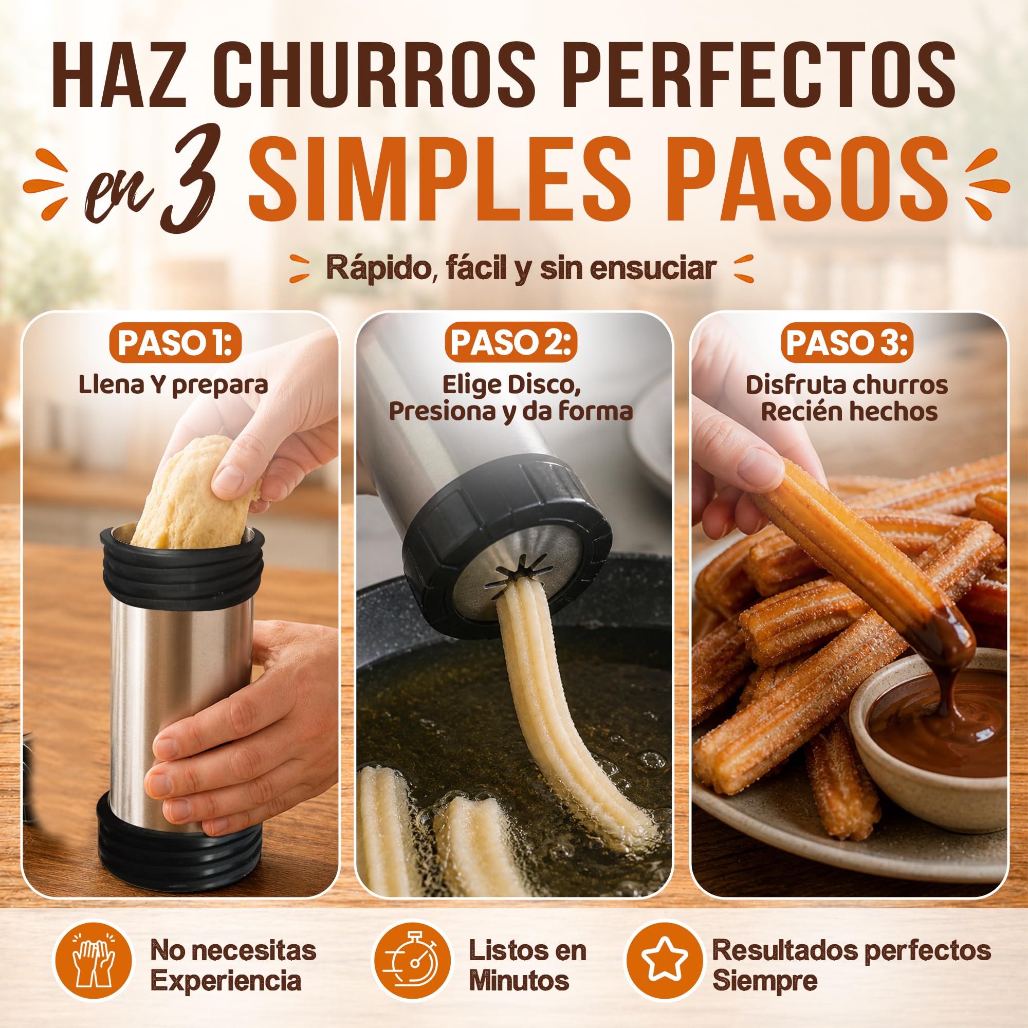 Churreras para Churros y Porras de Acero Inoxidable 304 – Rápida, Fácil de Limpiar y de Gran Capacidad – Ideal Postres Caseros y Cocina Familiar – Kit Reposteria Profesional para Chefs y Principiantes