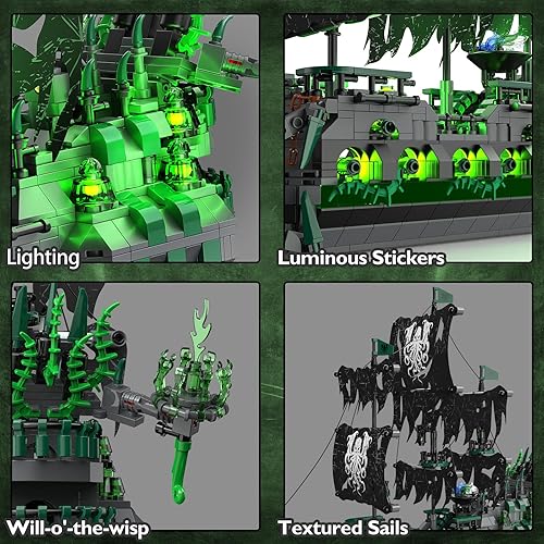 Miniatura 4 de JMBricklayer Juguetes de construcción de barcos piratas con luces, barco fantasma volador holandés modelo barco barco 40001, juegos de construcción