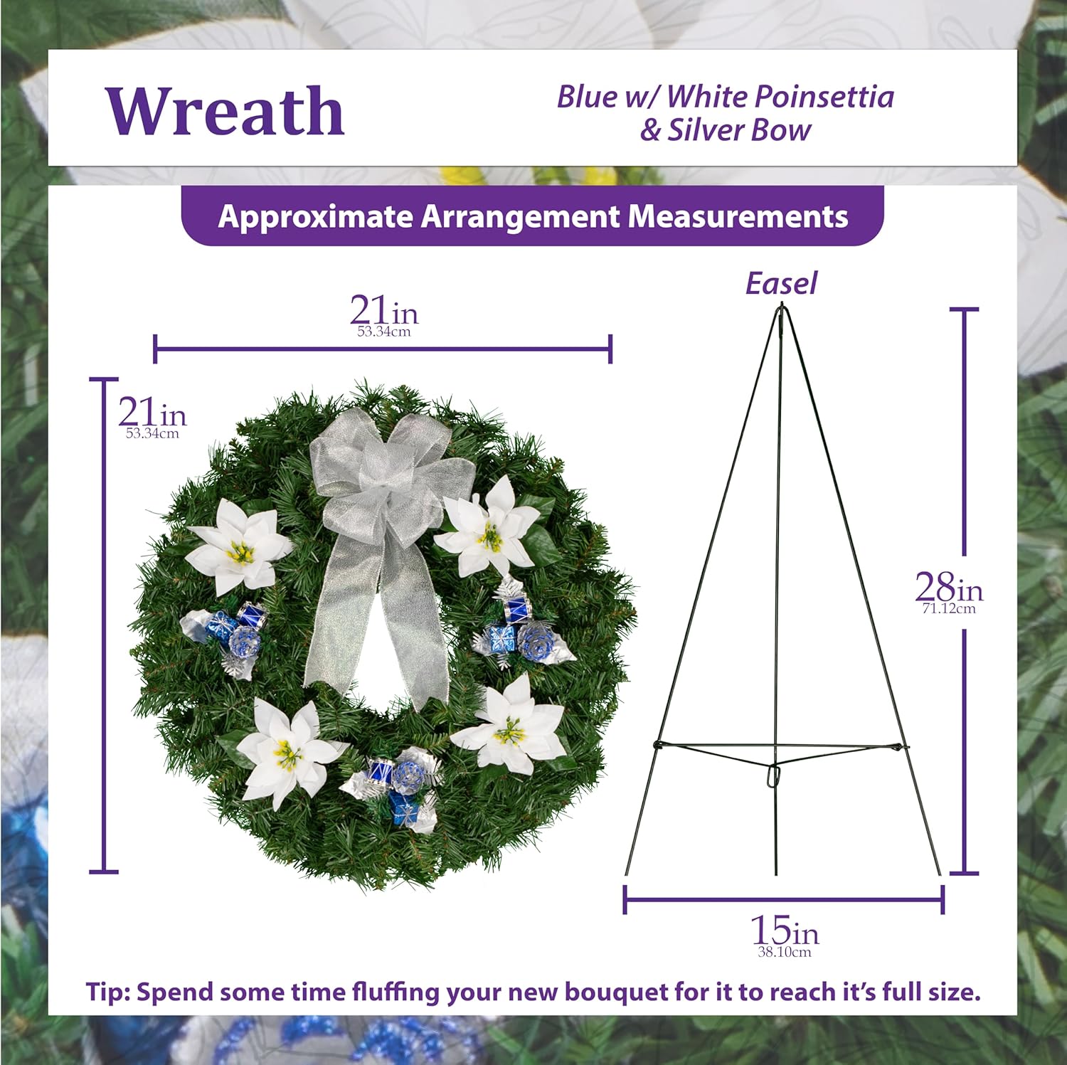 Sympathy Silks - Flowers for Cemeteries - Artificial Christmas Wreath - Blue Decorations with White Poinsettia and Silver Bow (1) Wreath (1) Easel