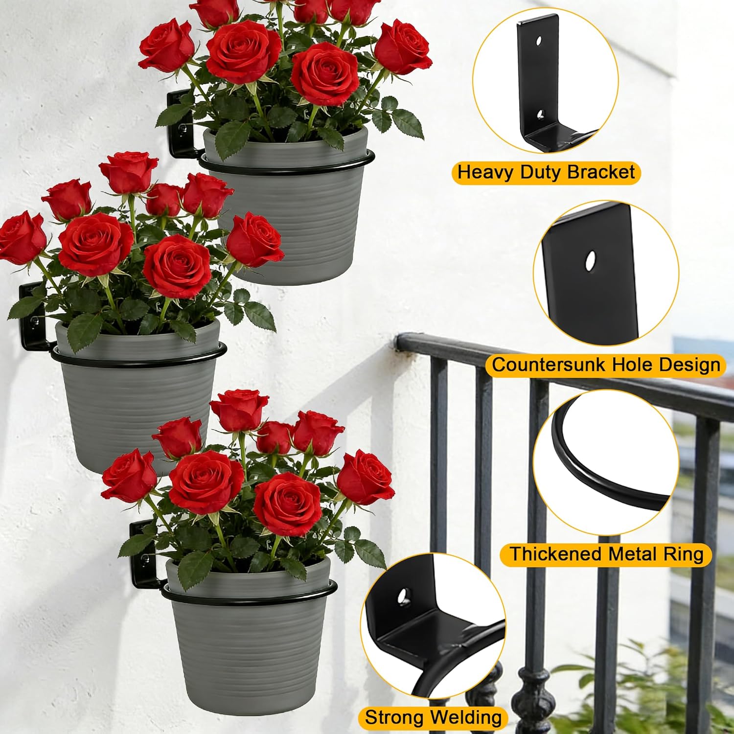 6 Pack 8 Inch Flower Pot Holder Ring Wall Mount Brackets, Black Metal Plant Holder Rings with 12 Screws & 12 Bolts, Potted Planter Brackets for Indoor Outdoor Garden, Patio