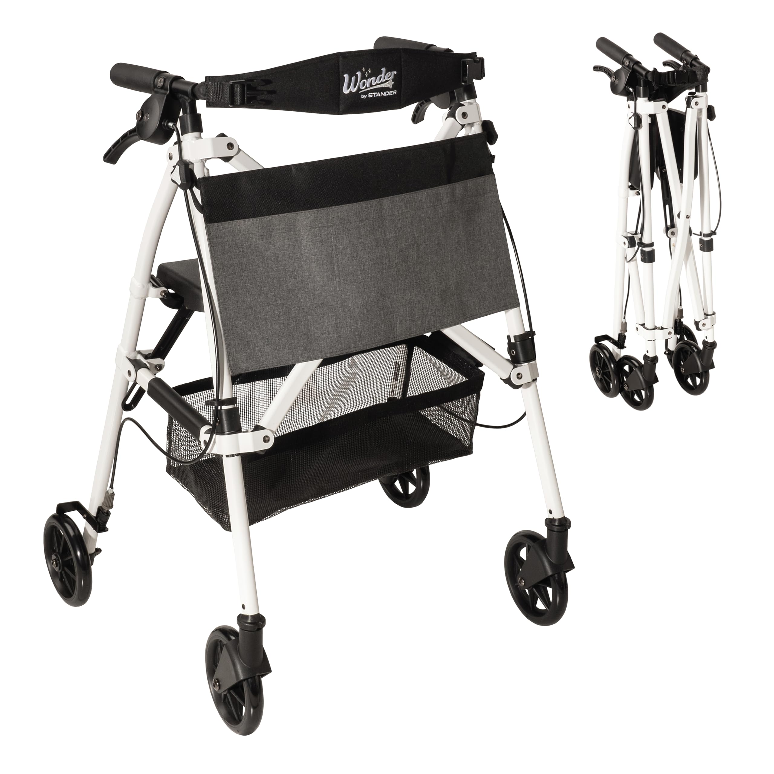 Stander Wonder Rollator Plus, Lightweight Folding Mobility Rolling-Walker, EZ Fold-N-Go-Rollator for Seniors and Adults, 6-inch Wheels, Locking Brakes and Padded Seat with Backrest, Vivid White