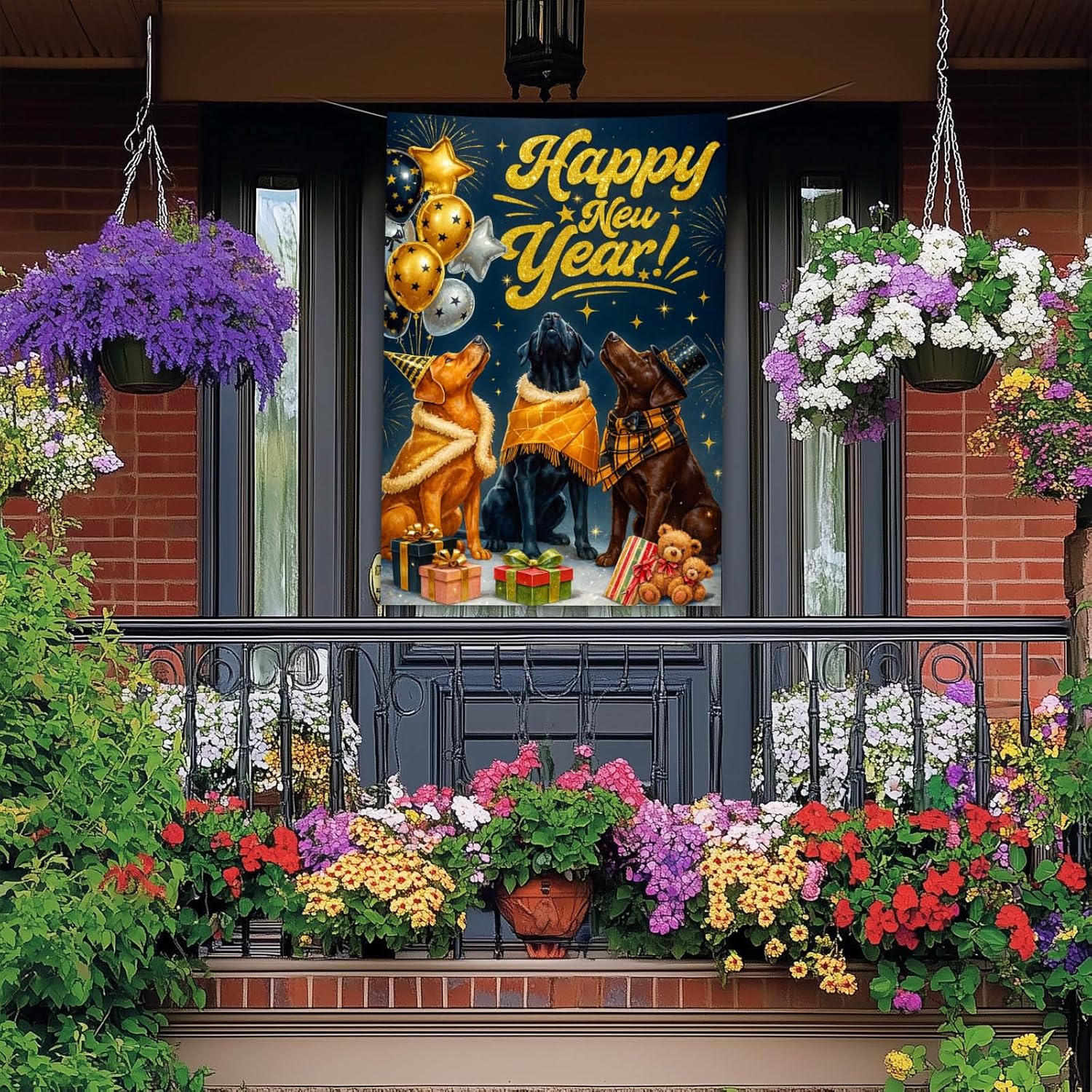 Happy New Year House Flag 28x40 Inch Double Sided Garden Flag Dogs Balloons Gifts and Fireworks Design Winter Holiday Yard Banner Large Outdoor Polyester Flag for Porch Lawn Home Decoration - Image 2