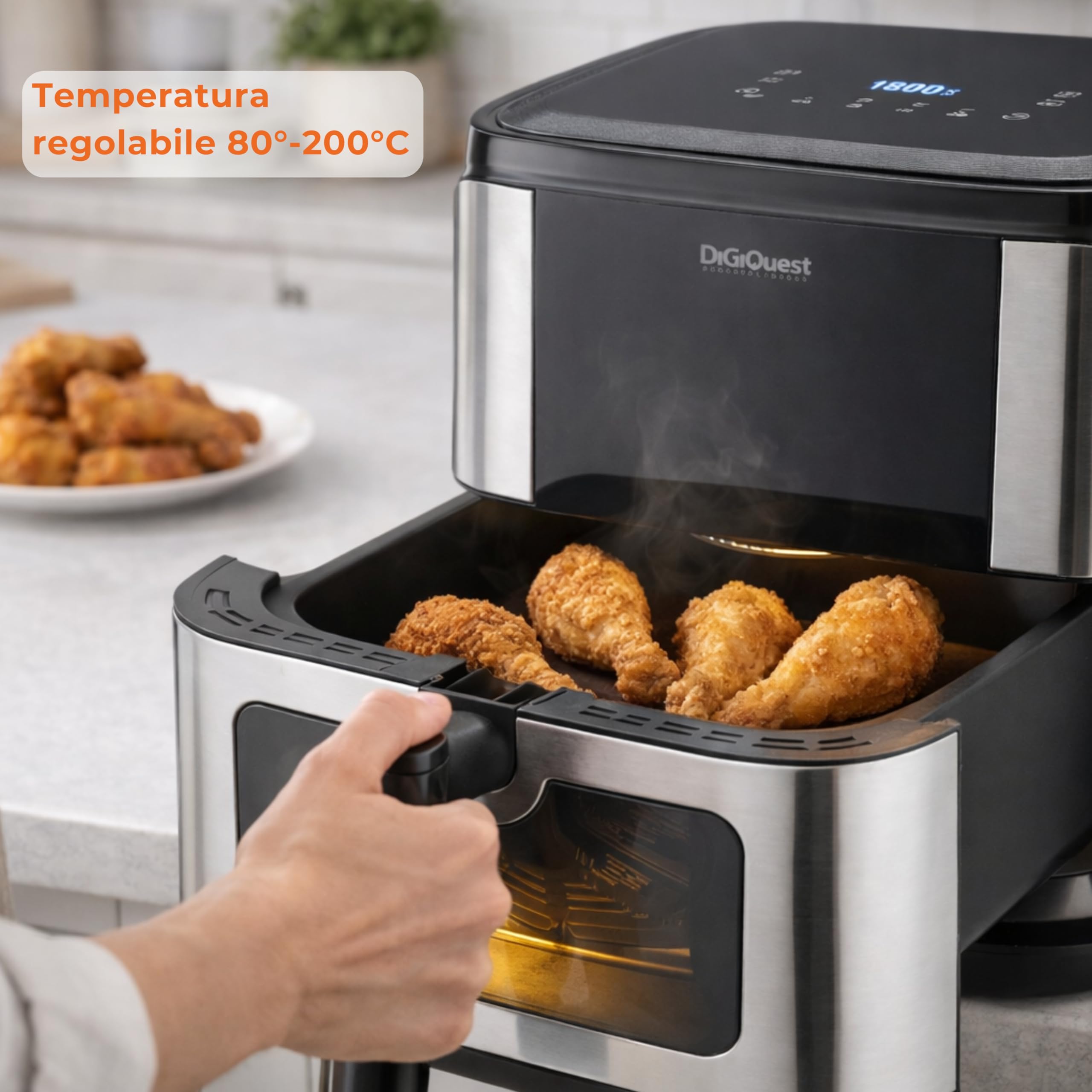 DIGIQUEST DOROTEA8 frytkownica powietrzna 8 l, 1600-1800 W, przezroczyste okienko, wyświetlacz dotykowy, 8 programów, kosz nieprzywierający, gotowanie powietrzem 360°, łatwe czyszczenie
