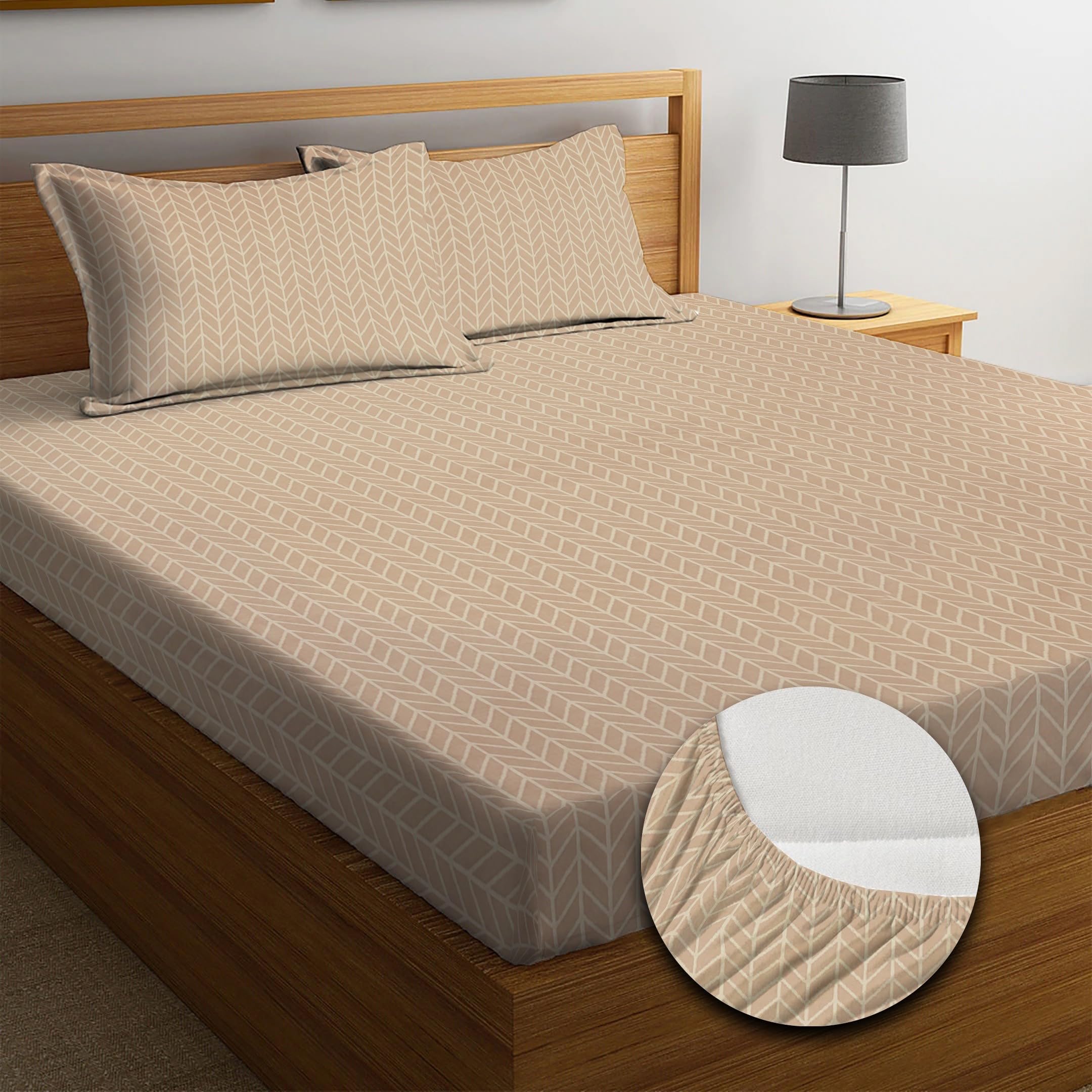 NEW LEAF Premium Cotton Elastic Fitted Bedsheets with 2 King Size Pillow Covers | Double Bed with All Around Elastic 220 TC Supersoft |Size-72 King Sizex78+10 inches | Striped, Cream